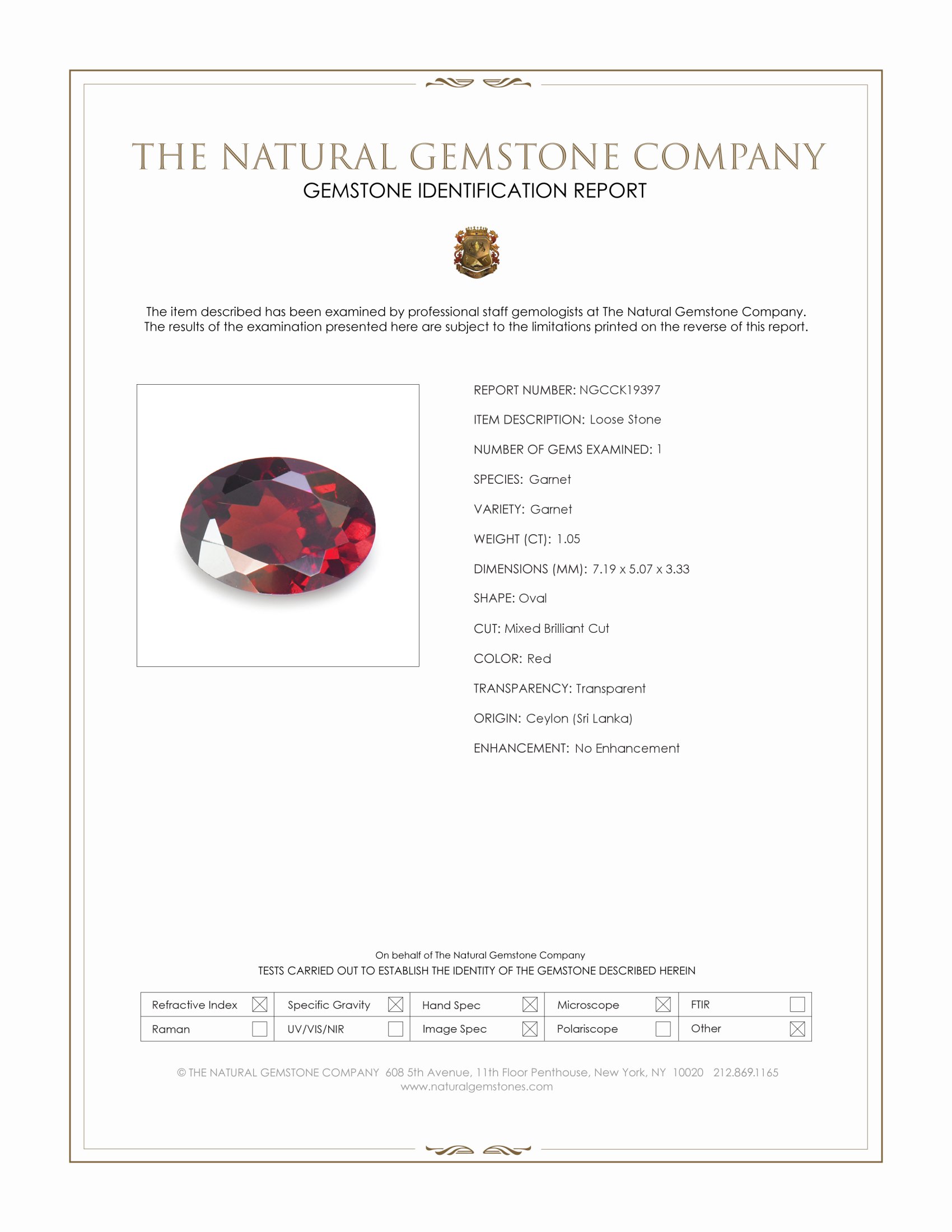 1.05 Ct. Red Garnet from Ceylon (Sri Lanka)