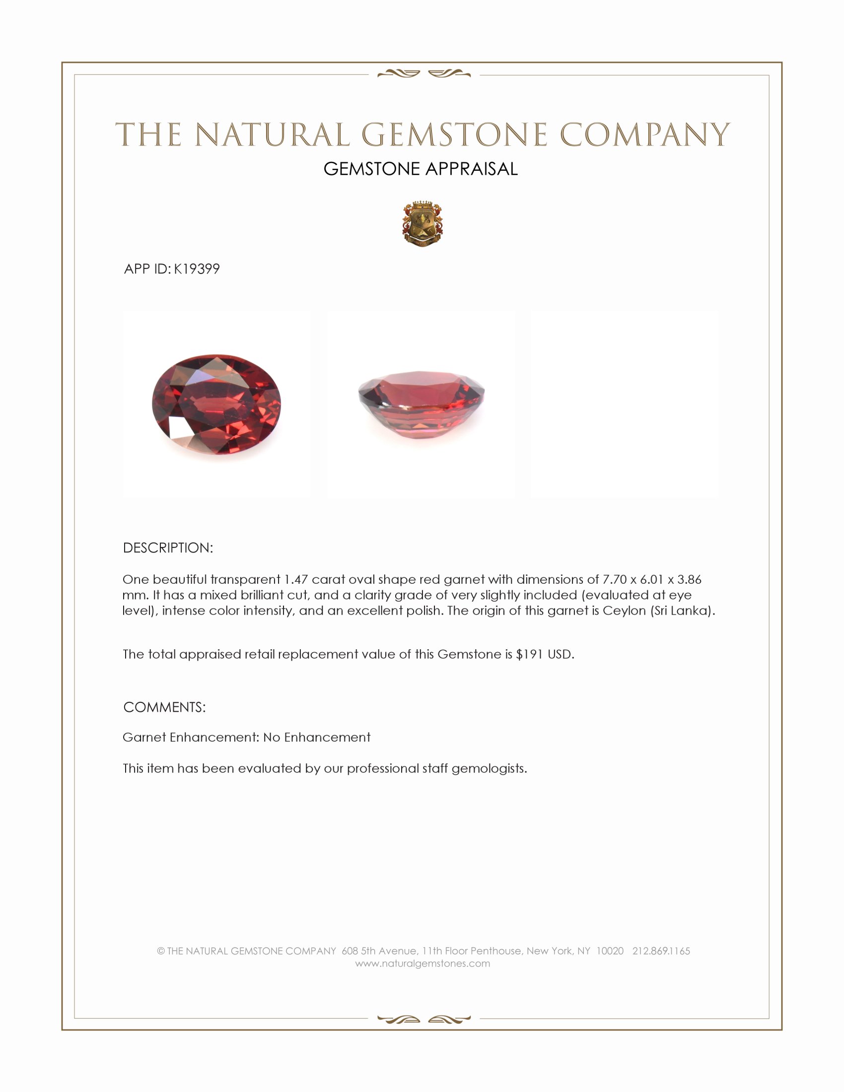 1.47 Ct. Red Garnet from Ceylon (Sri Lanka)