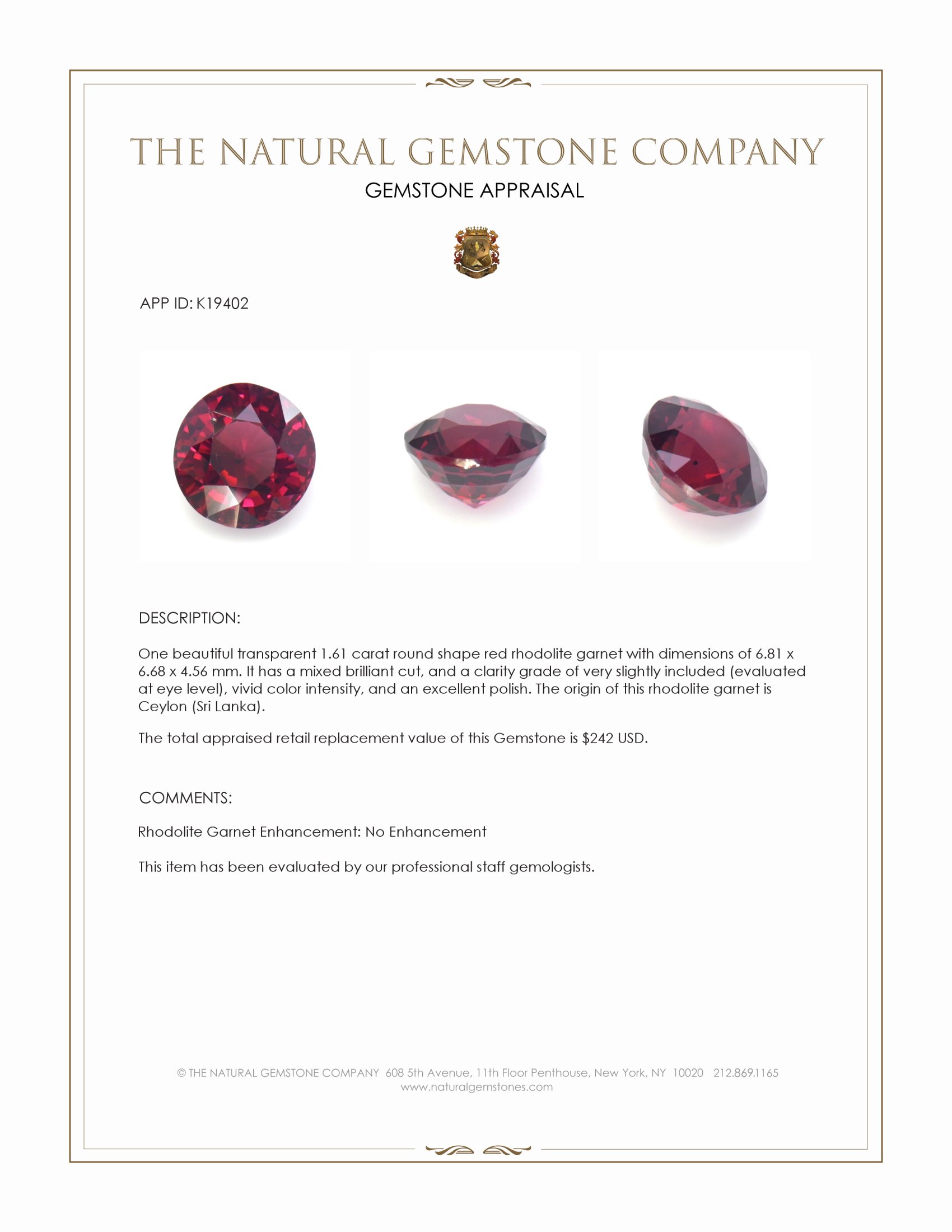 1.61 Ct. Red Rhodolite Garnet from Ceylon (Sri Lanka)