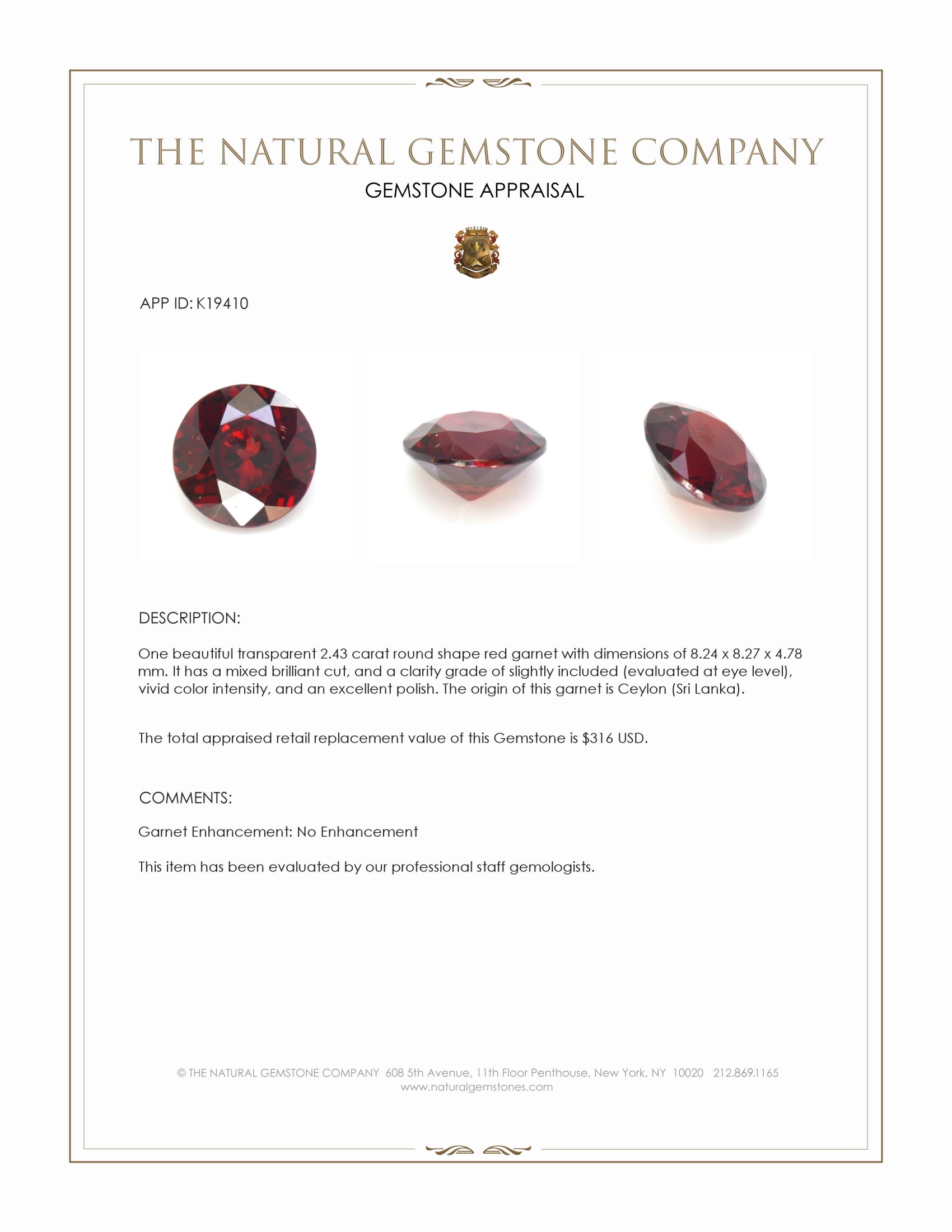 2.43 Ct. Red Garnet from Ceylon (Sri Lanka)
