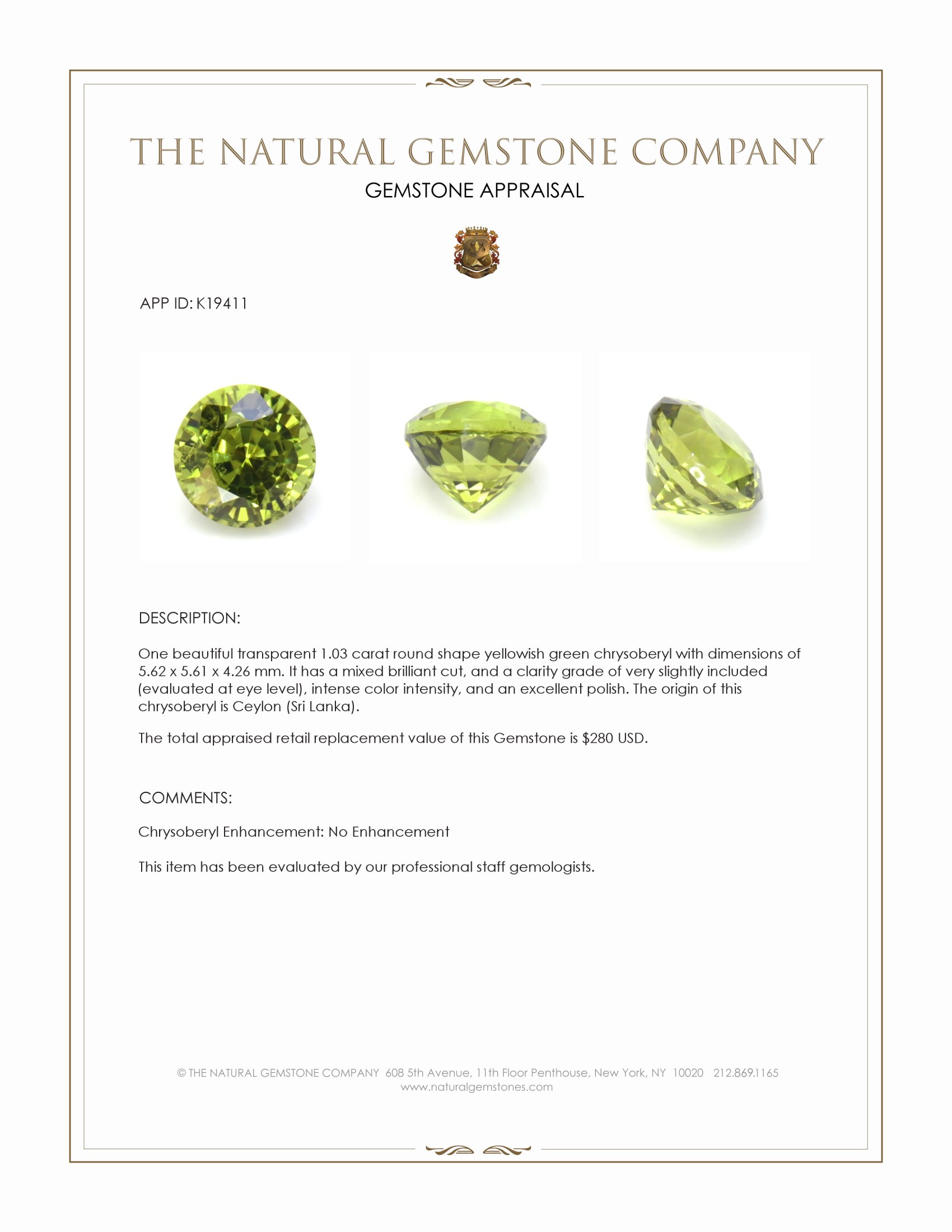 1.03 Ct. Yellowish Green Chrysoberyl from Ceylon (Sri Lanka)