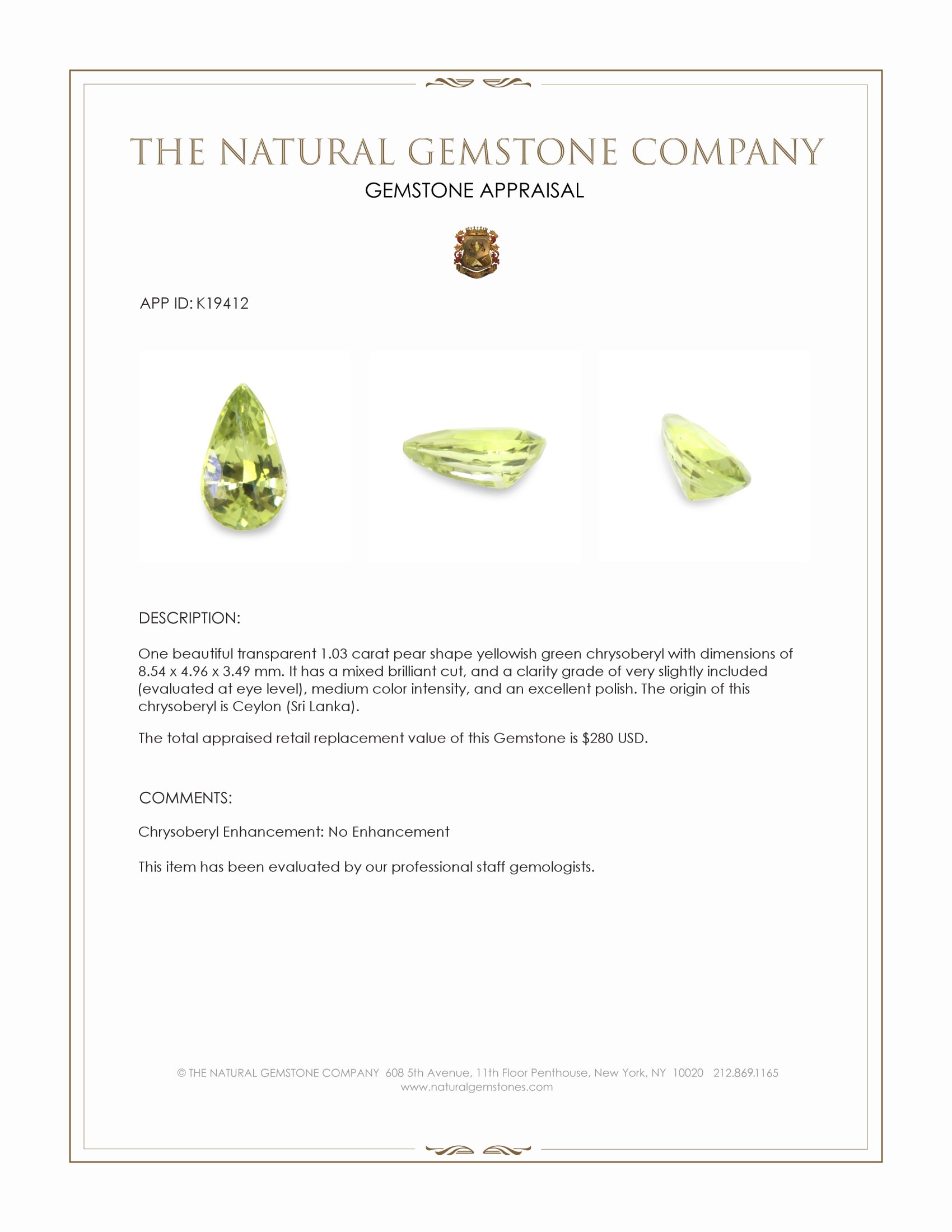1.03 Ct. Yellowish Green Chrysoberyl from Ceylon (Sri Lanka)
