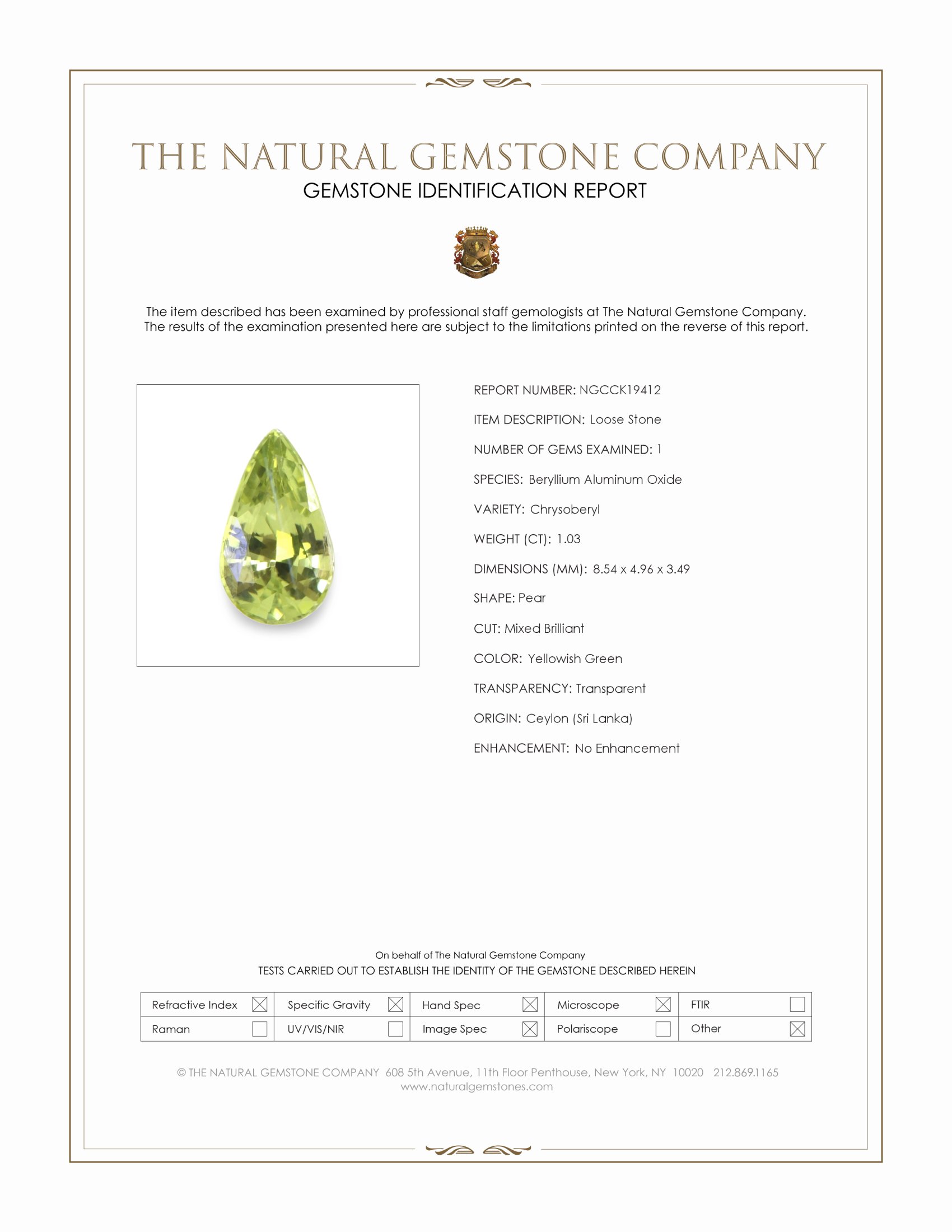 1.03 Ct. Yellowish Green Chrysoberyl from Ceylon (Sri Lanka)