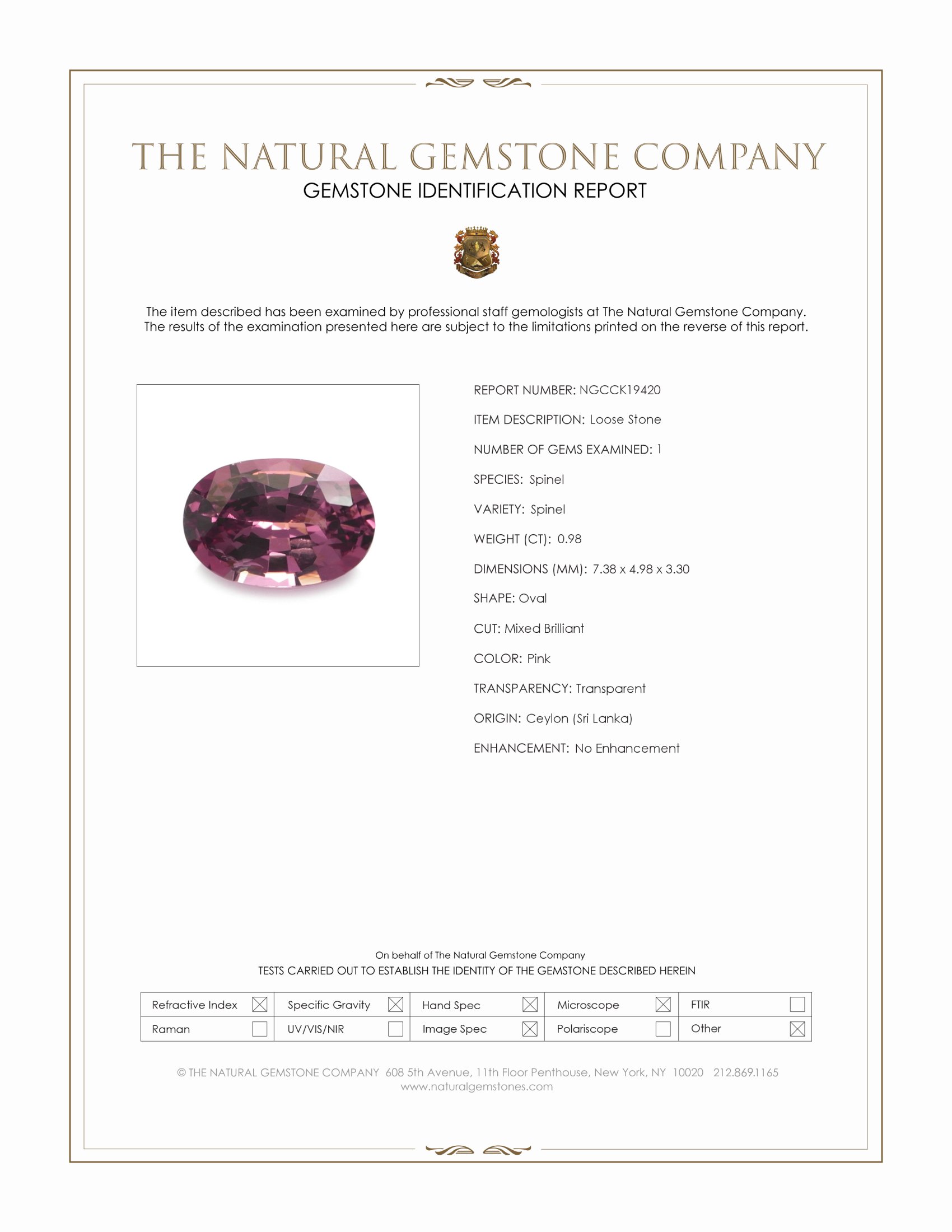 0.98 Ct. Pink Spinel from Ceylon (Sri Lanka)
