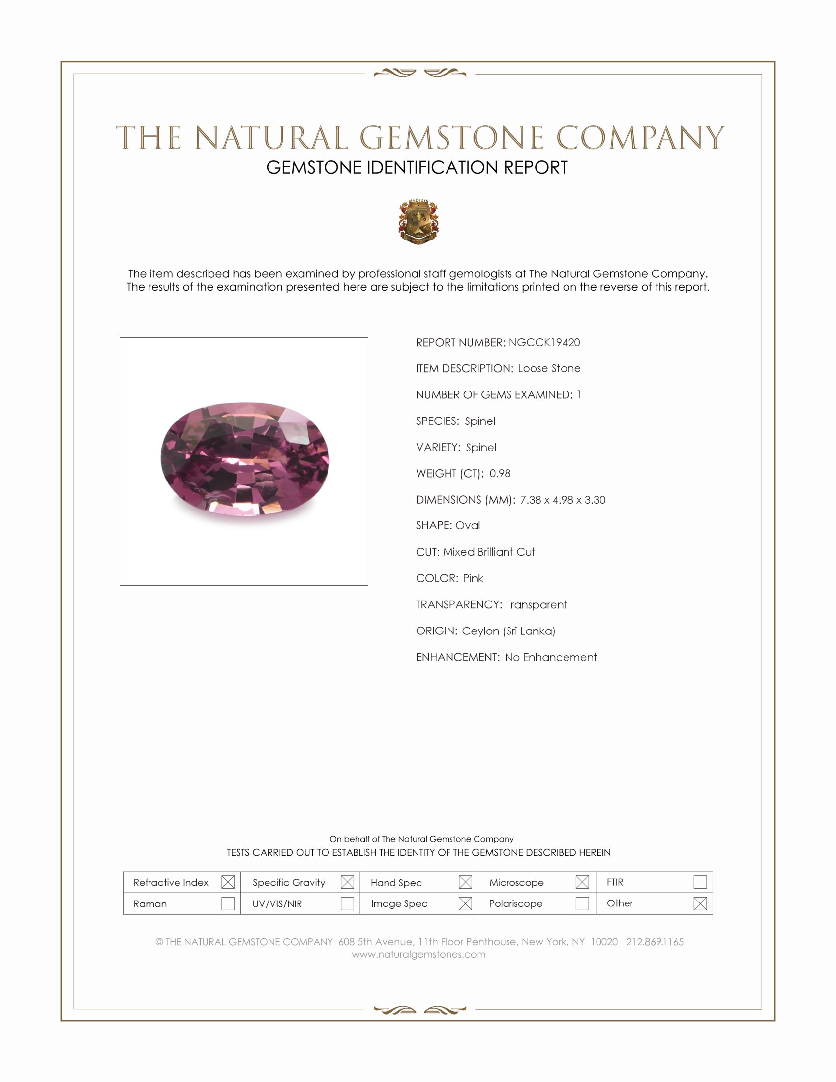 0.98 Ct. Pink Spinel from Ceylon (Sri Lanka)