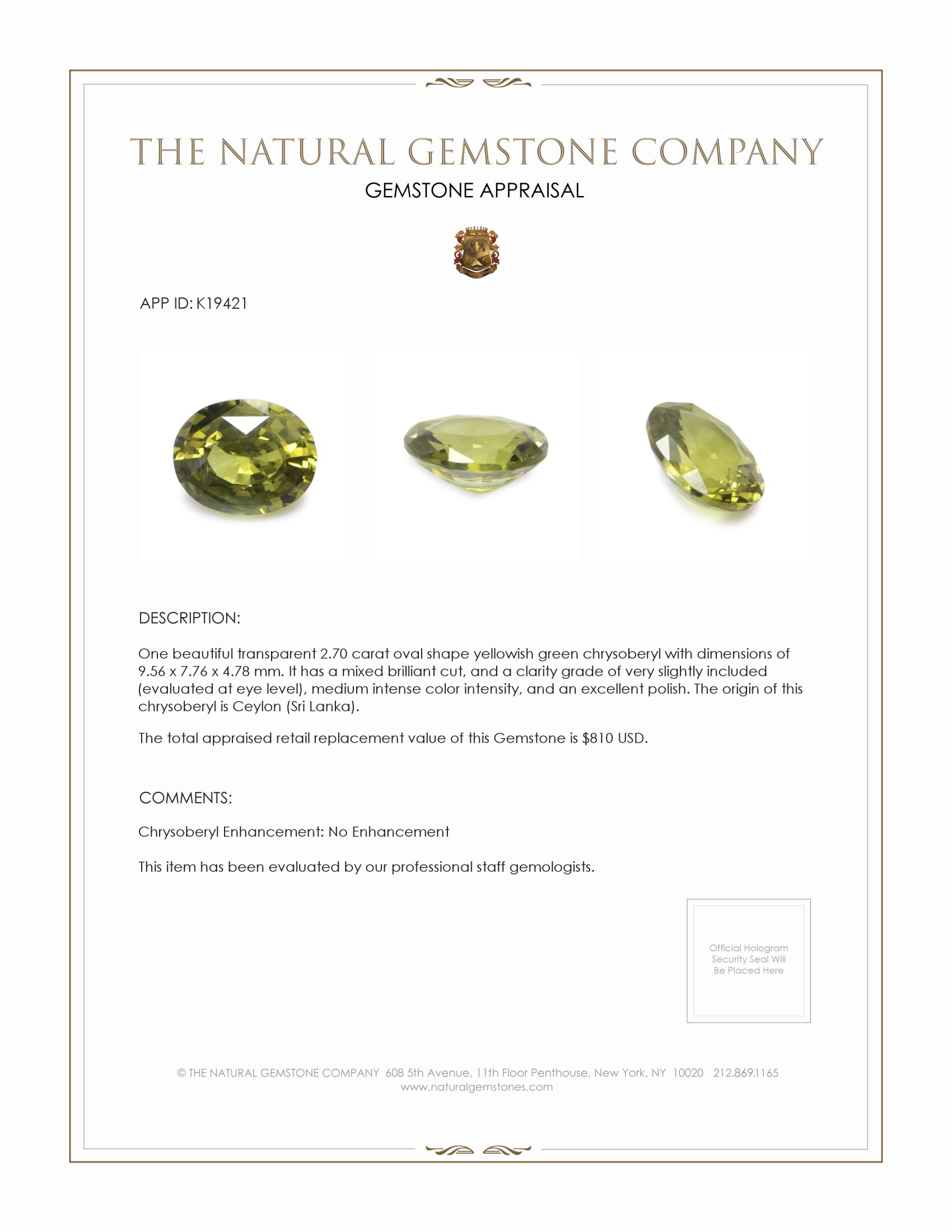 2.70 Ct. Yellowish Green Chrysoberyl from Ceylon (Sri Lanka)