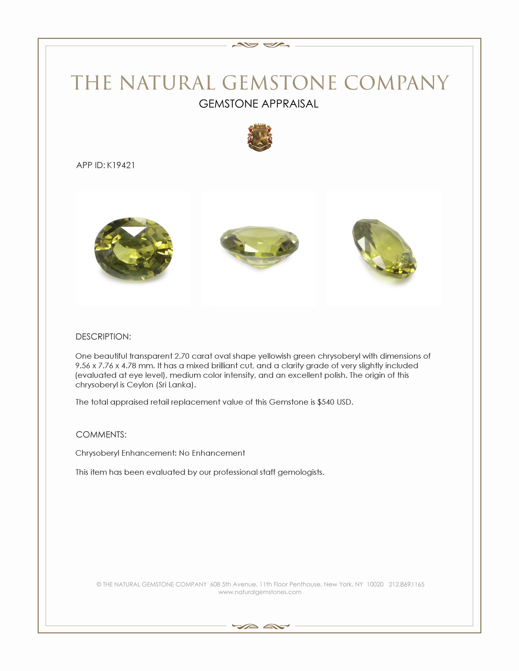 2.70 Ct. Yellowish Green Chrysoberyl from Ceylon (Sri Lanka)