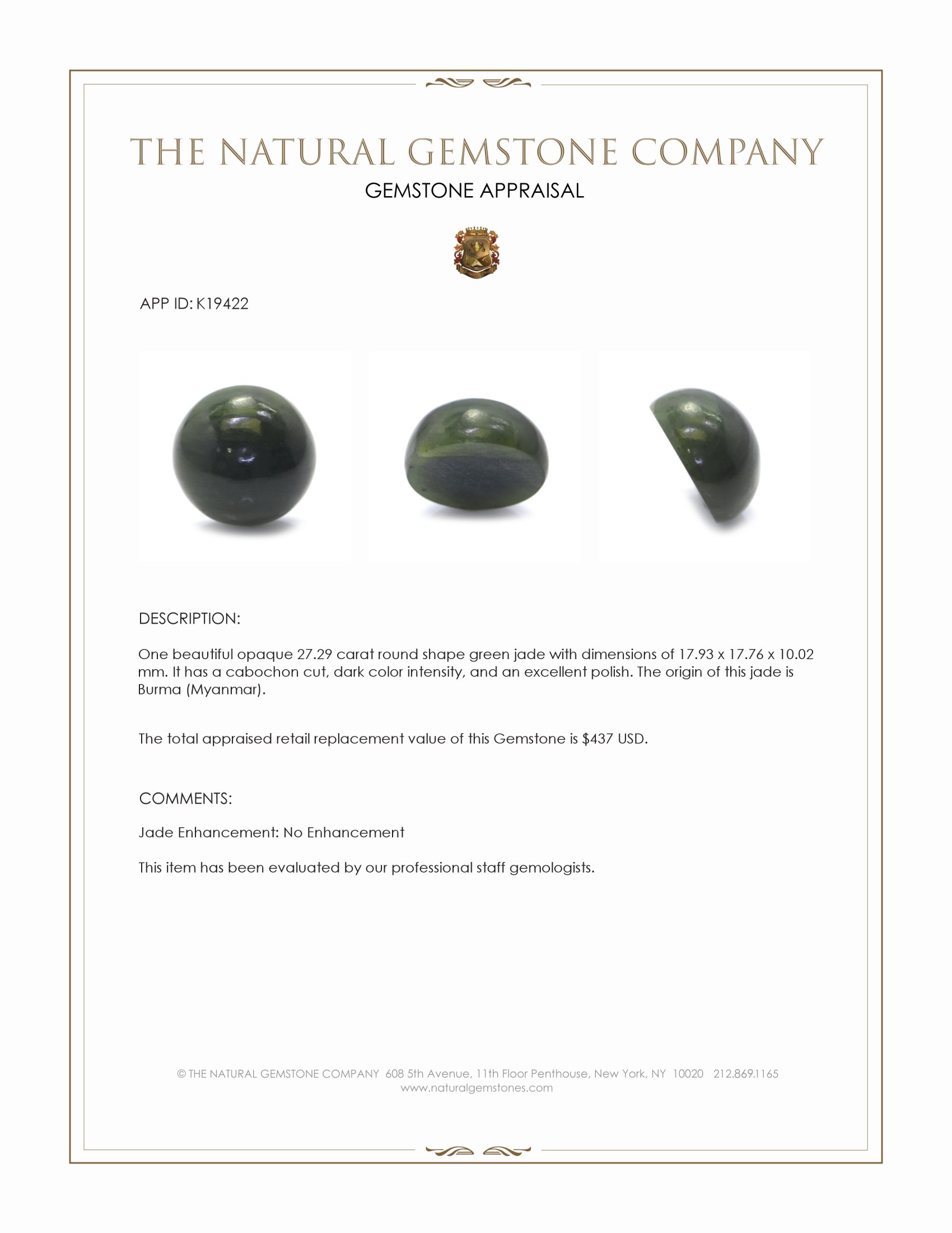 27.29 Ct. Green Cabochon Jade from Burma (Myanmar)