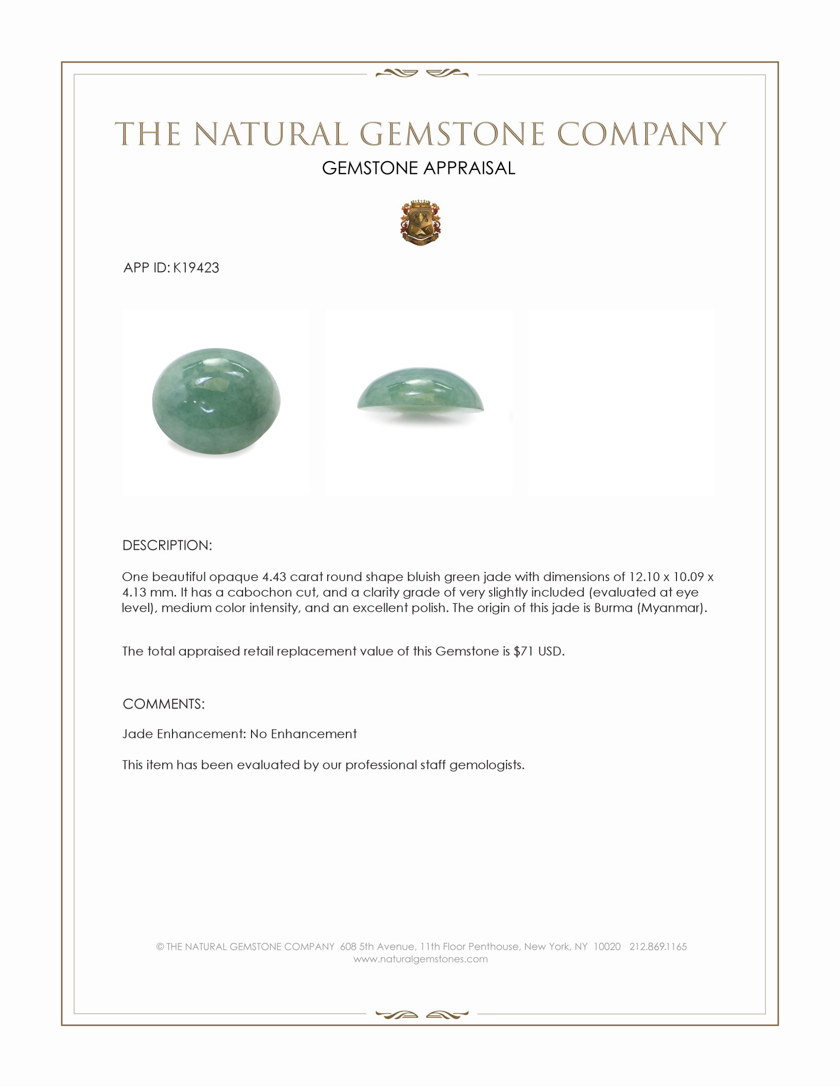 4.43 Ct. Bluish Green Cabochon Jade from Burma (Myanmar)