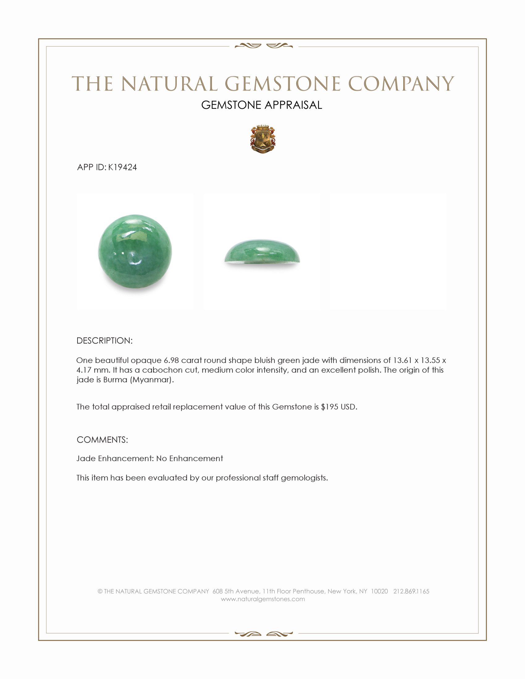 6.98 Ct. Bluish Green Cabochon Jade from Burma (Myanmar)