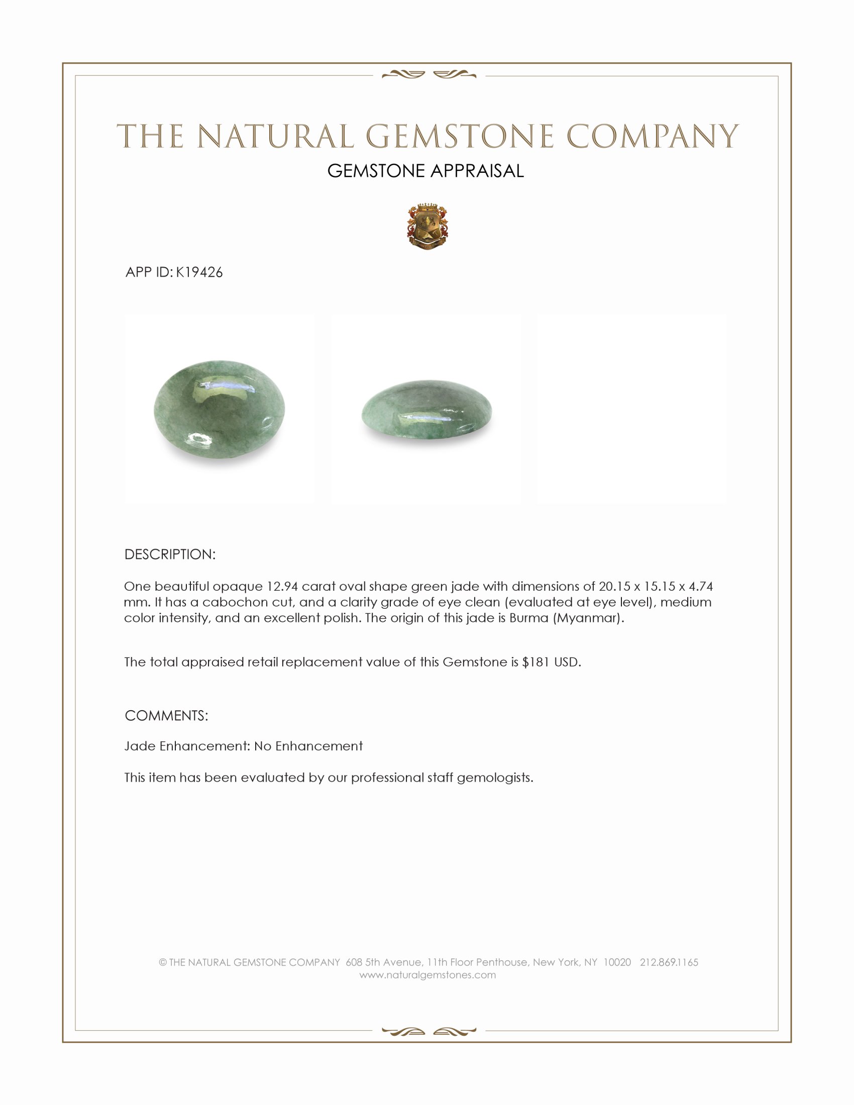 12.94 Ct. Green Cabochon Jade from Burma (Myanmar)