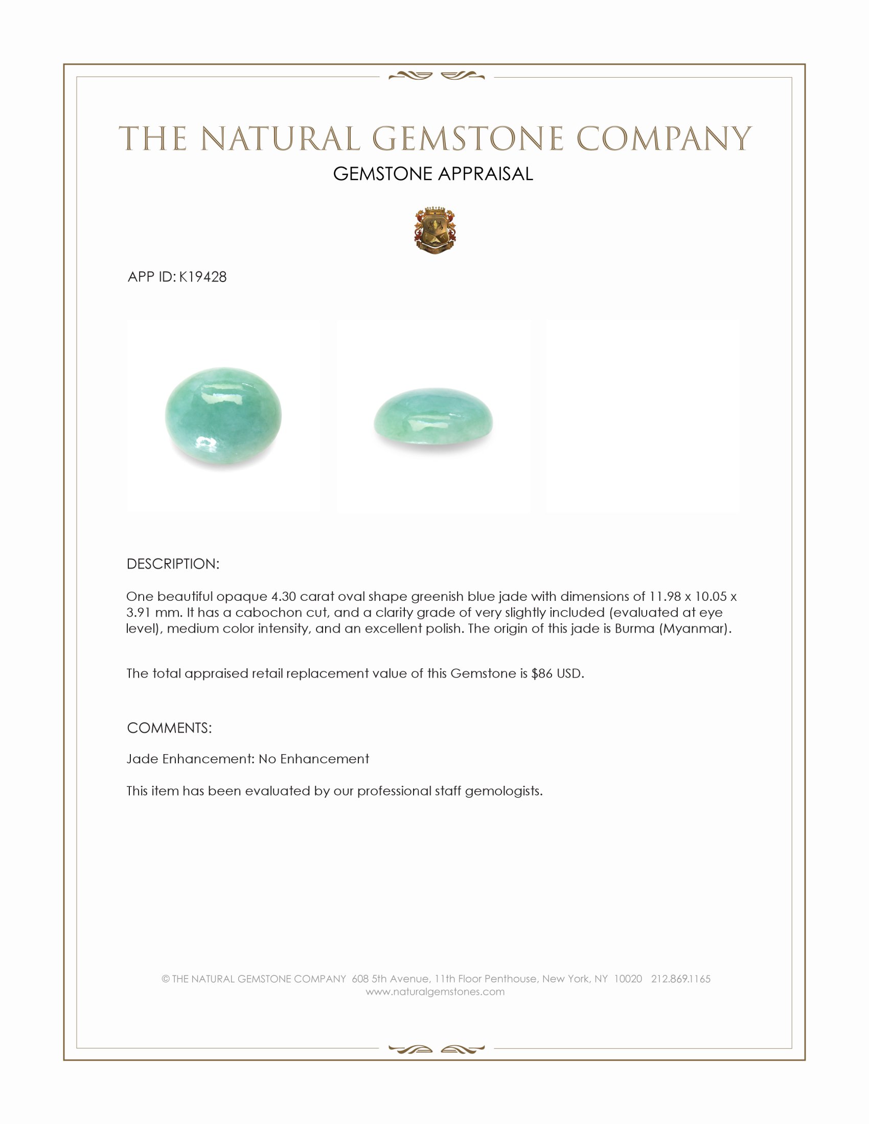 4.30 Ct. Greenish Blue Cabochon Jade from Burma (Myanmar)