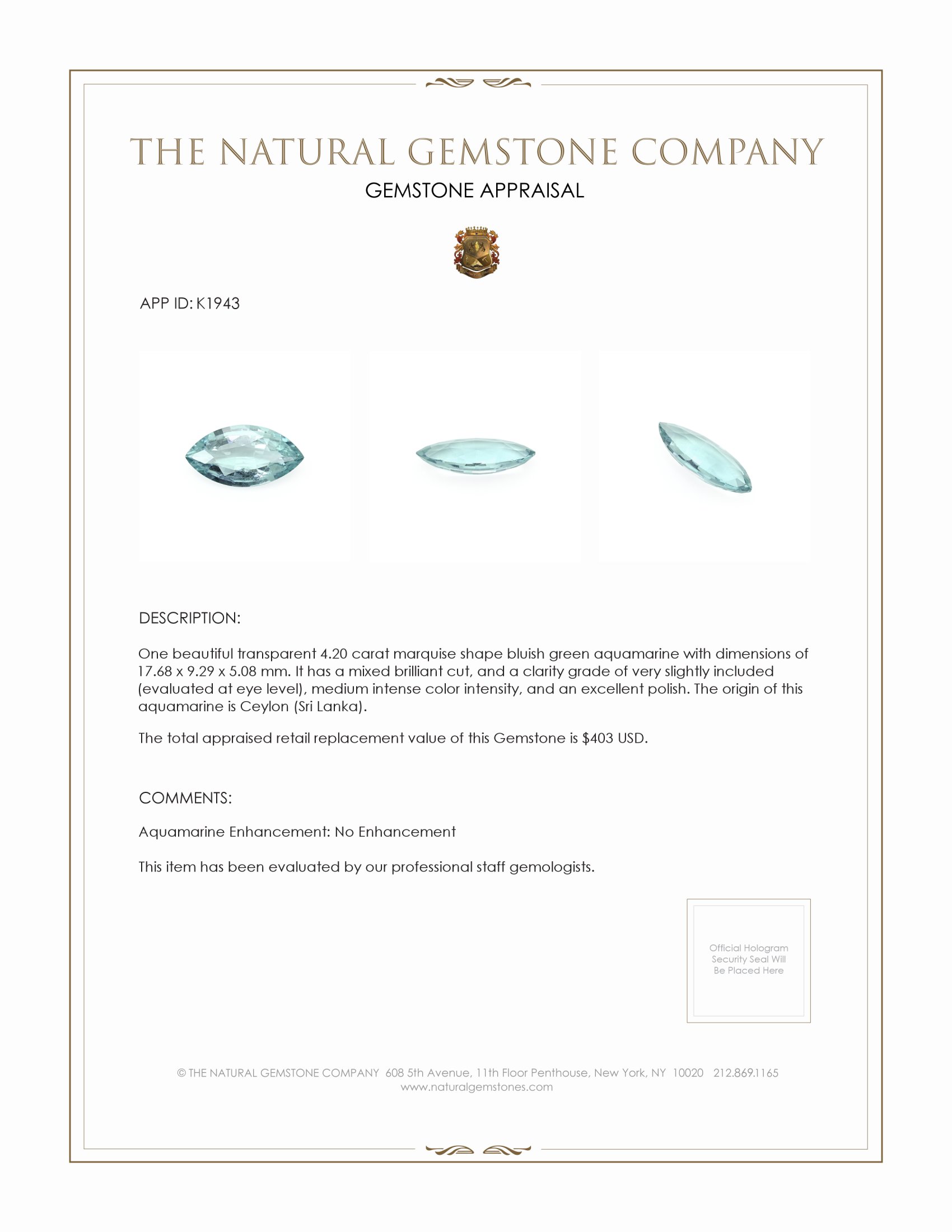 4.20 Ct. Aquamarine from Ceylon (Sri Lanka)