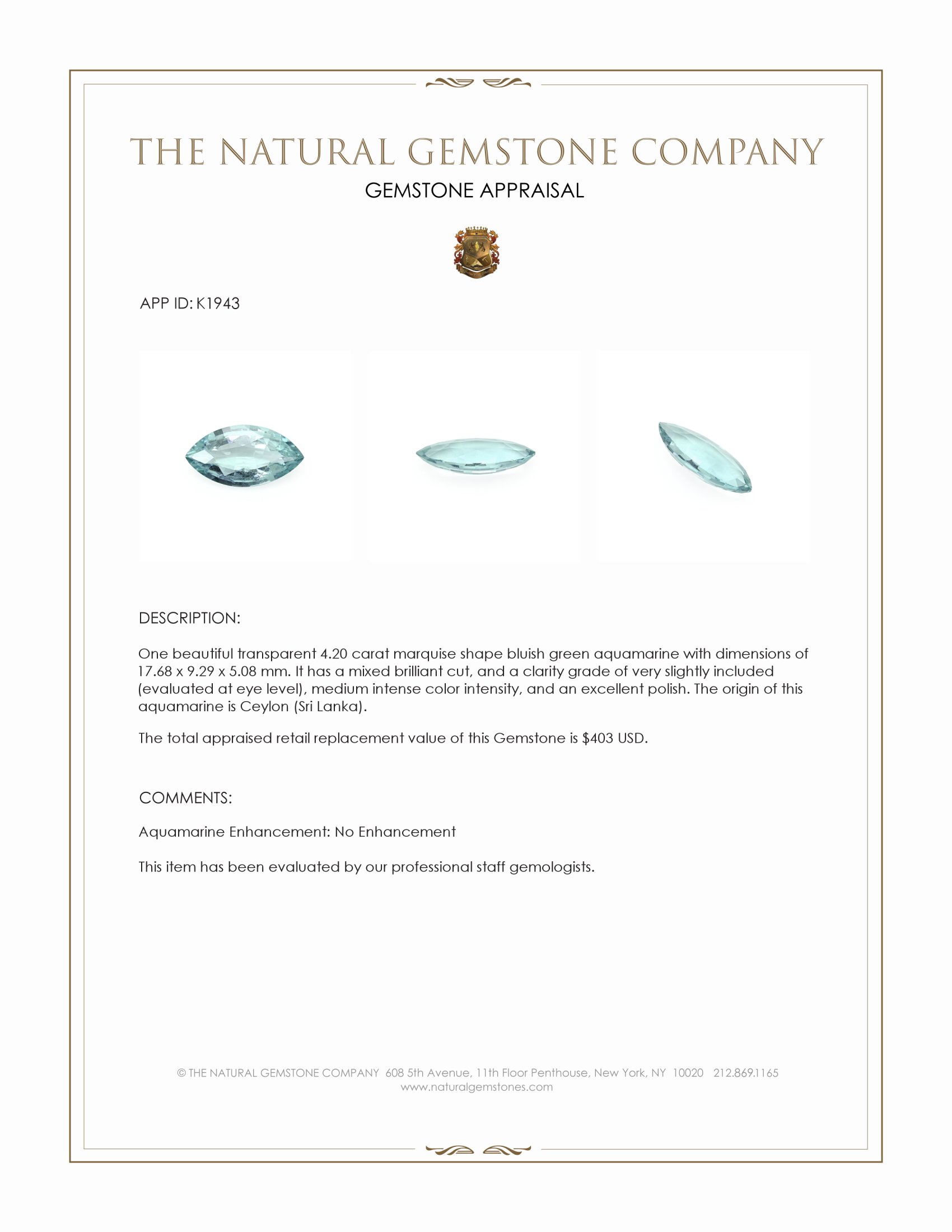 4.20 Ct. Aquamarine from Ceylon (Sri Lanka)