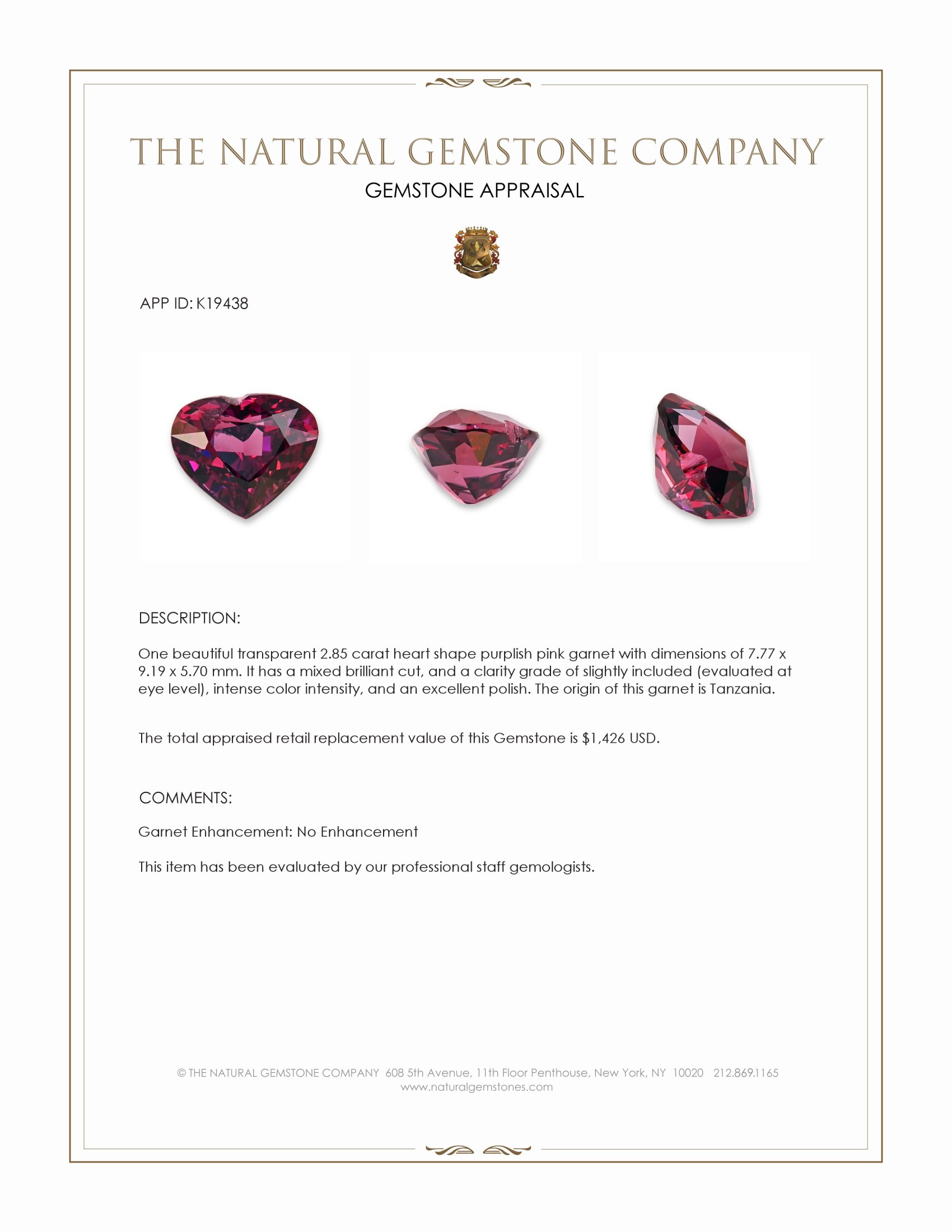 2.85 Ct. Purplish Pink Garnet from Tanzania