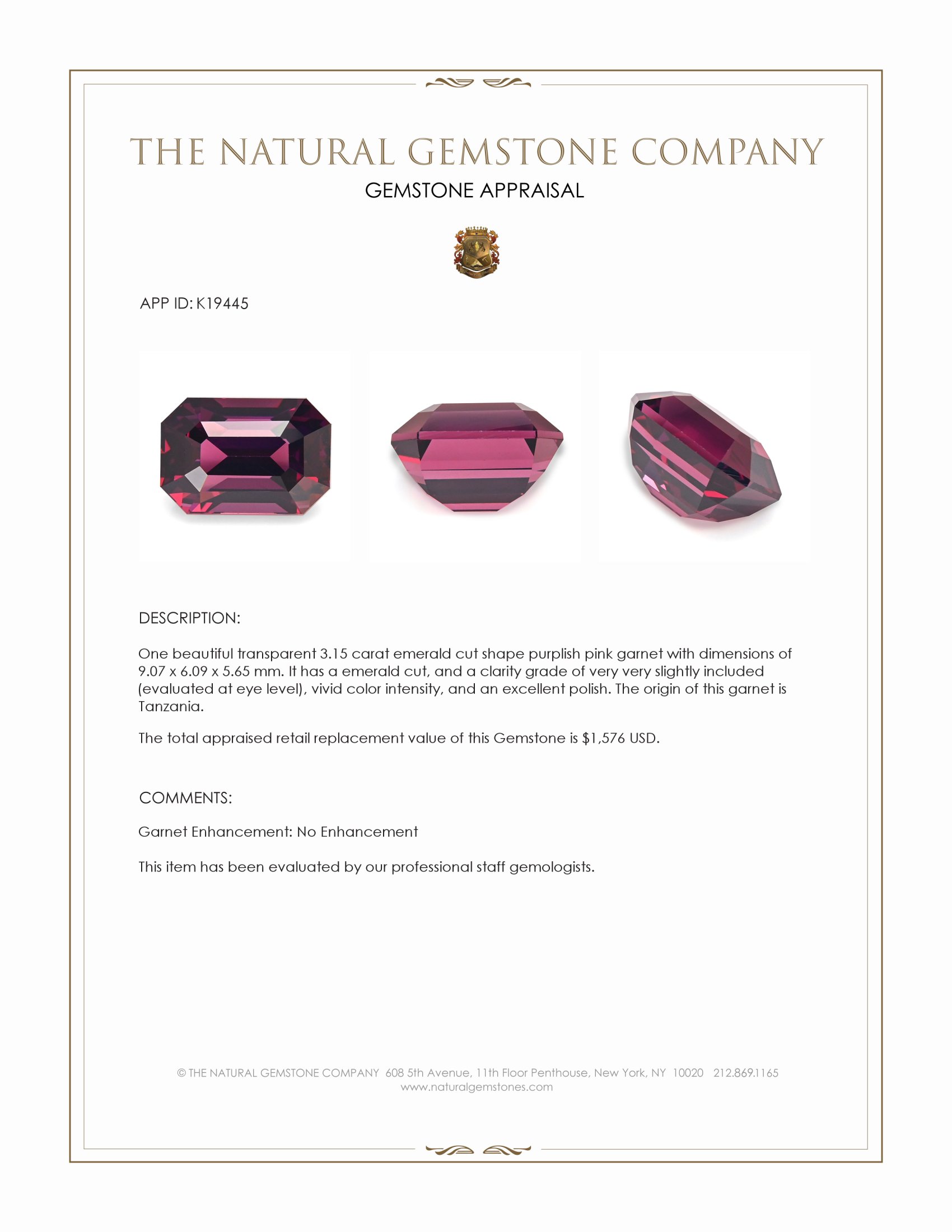 3.15 Ct. Purplish Pink Garnet from Tanzania