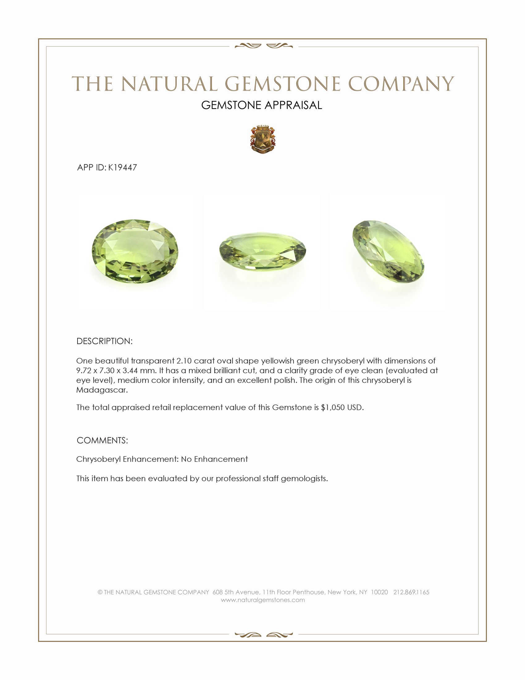 2.10 Ct. Yellowish Green Chrysoberyl from Madagascar