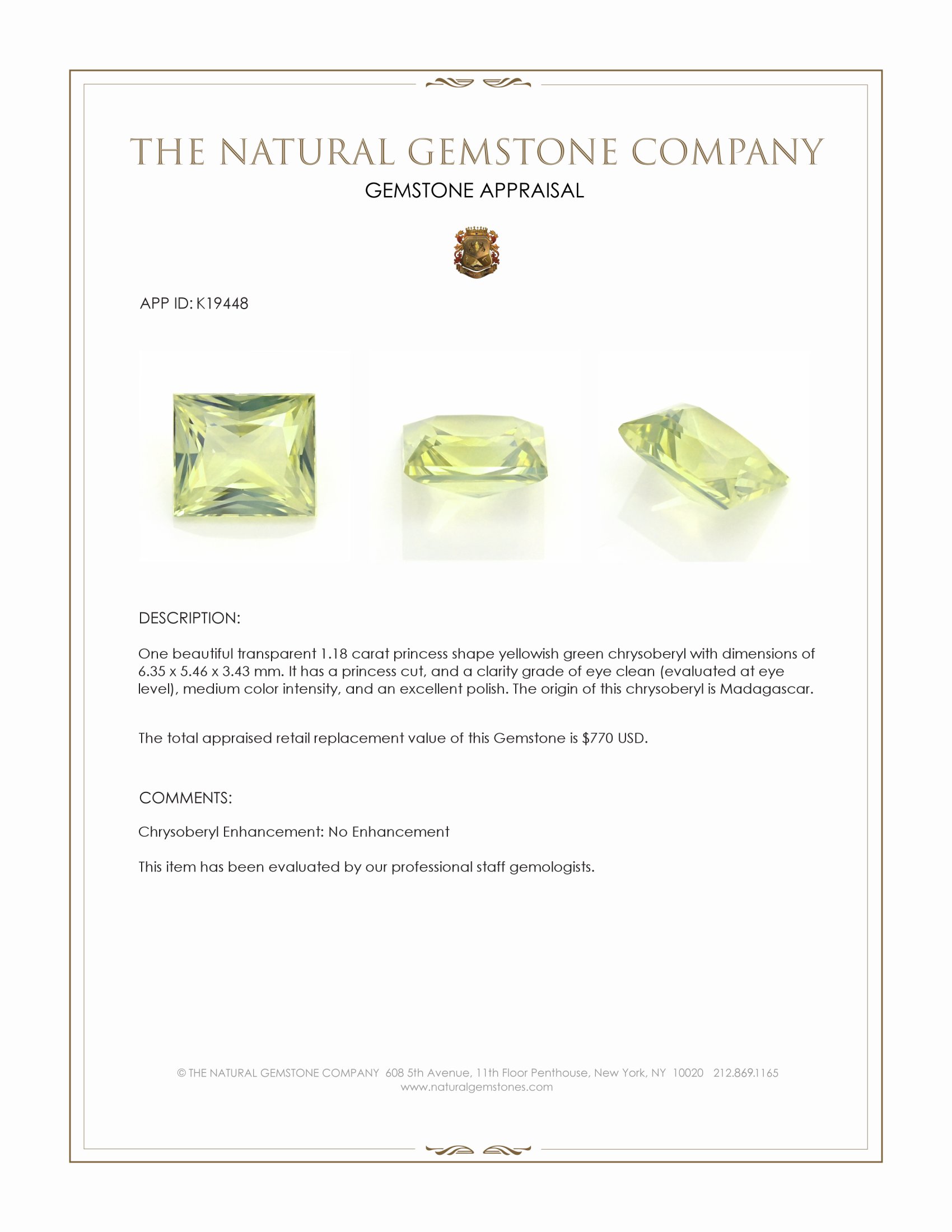 1.18 Ct. Yellowish Green Chrysoberyl from Madagascar