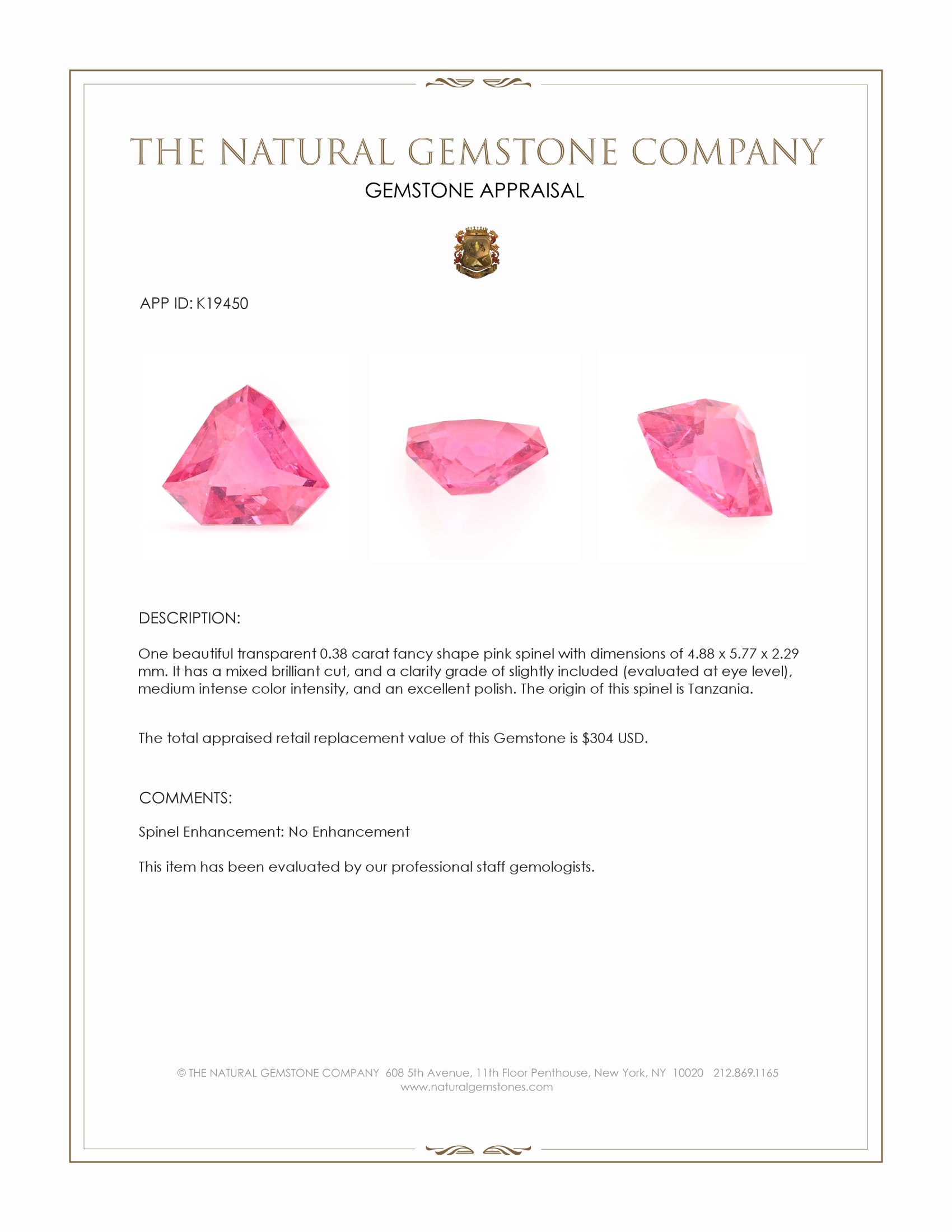 0.38 Ct. Pink Spinel from Tanzania