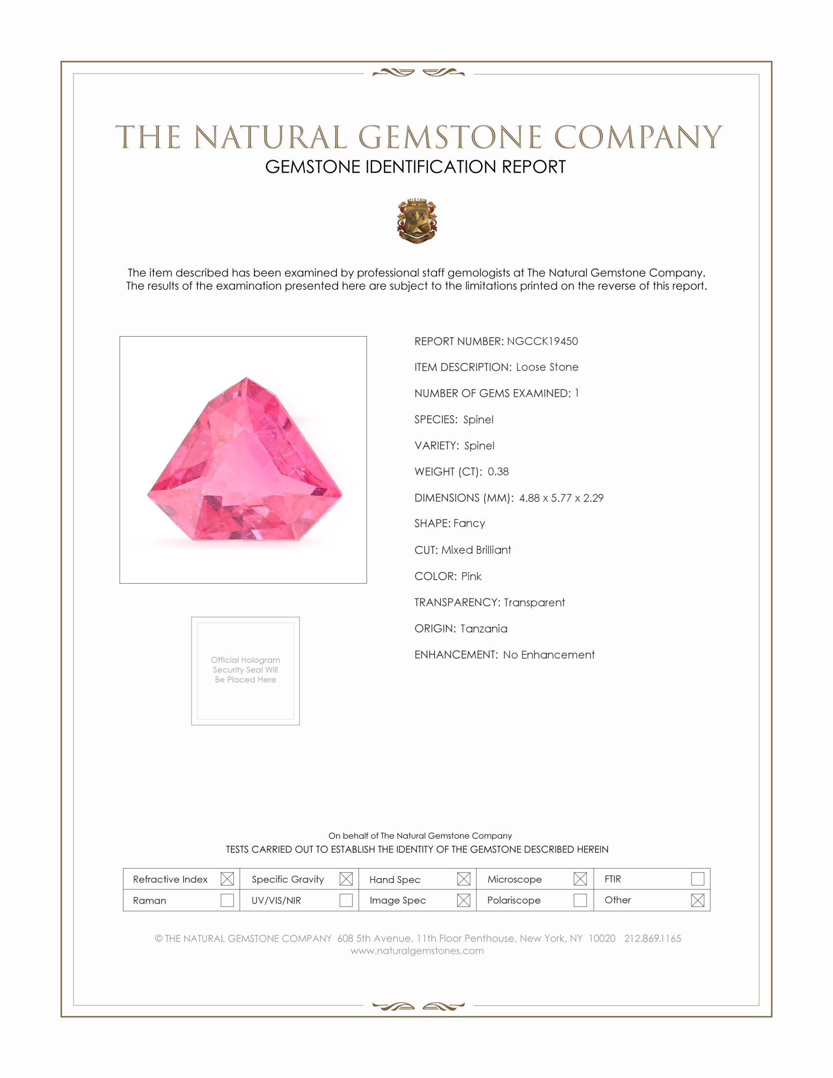 0.38 Ct. Pink Spinel from Tanzania