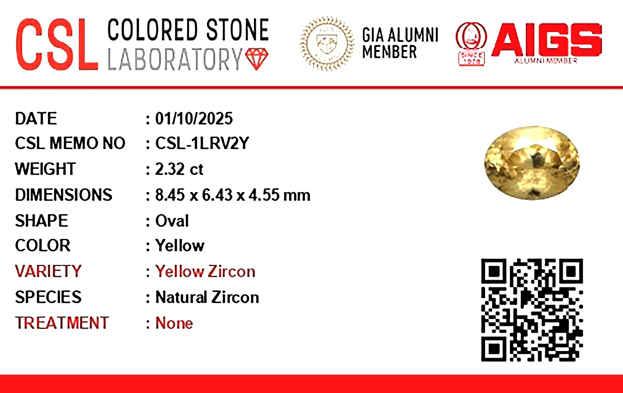 2.32 Ct. Yellow Zircon from Ceylon (Sri Lanka)