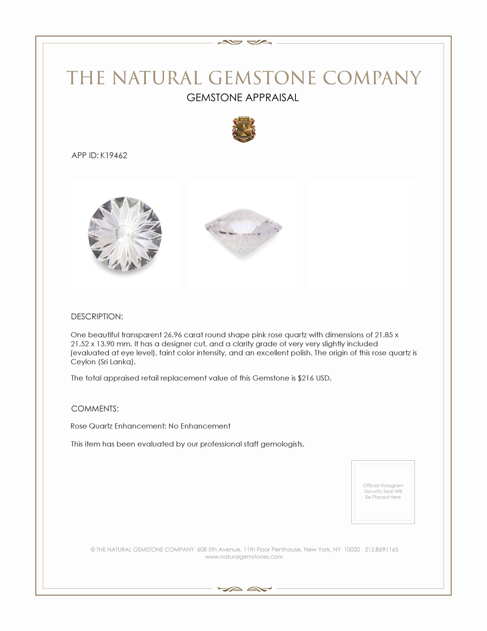 26.96 Ct. Rose Quartz from Ceylon (Sri Lanka)