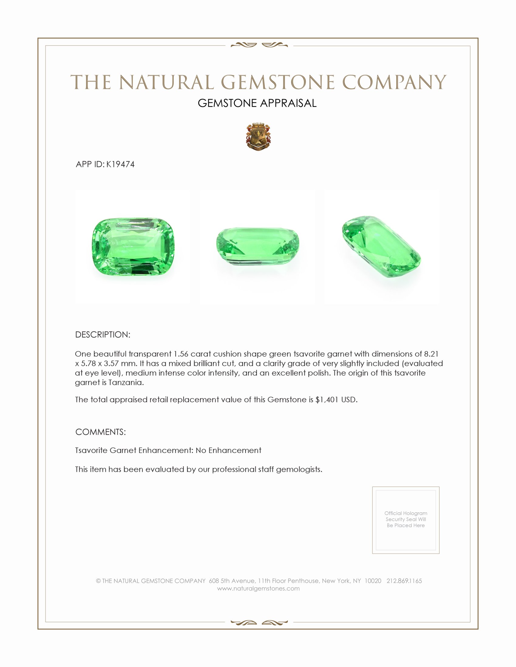 1.56 Ct. Tsavorite Garnet from Tanzania