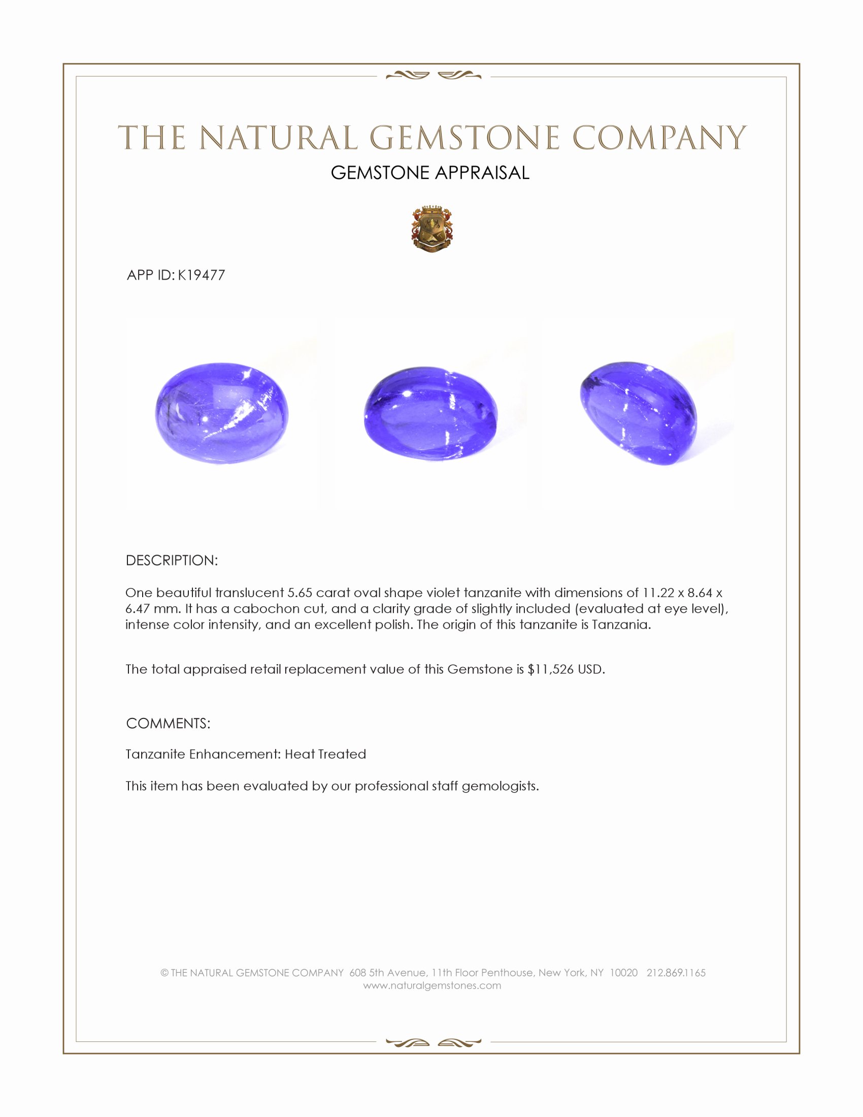 5.65 Ct. Cabochon Tanzanite from Tanzania