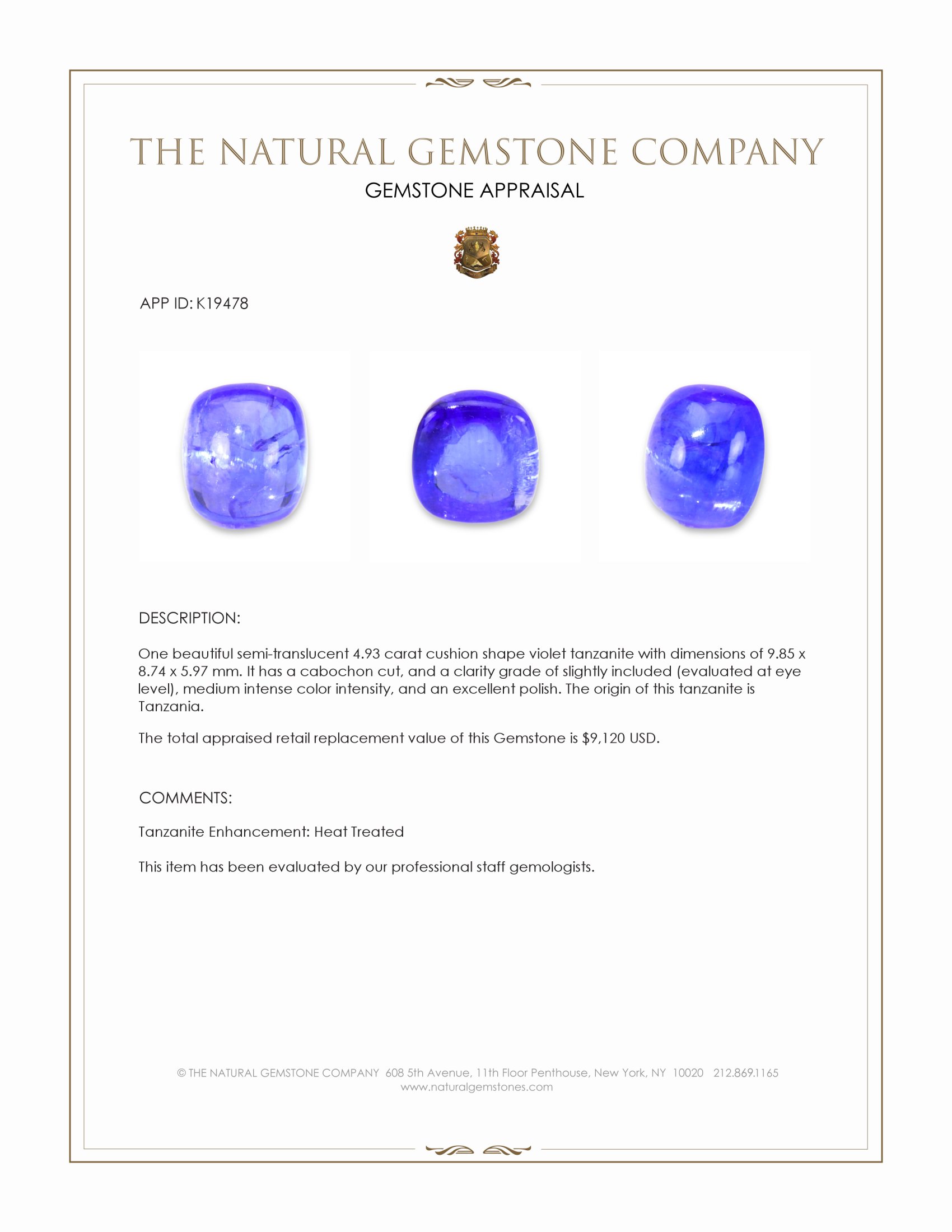 4.93 Ct. Cabochon Tanzanite from Tanzania