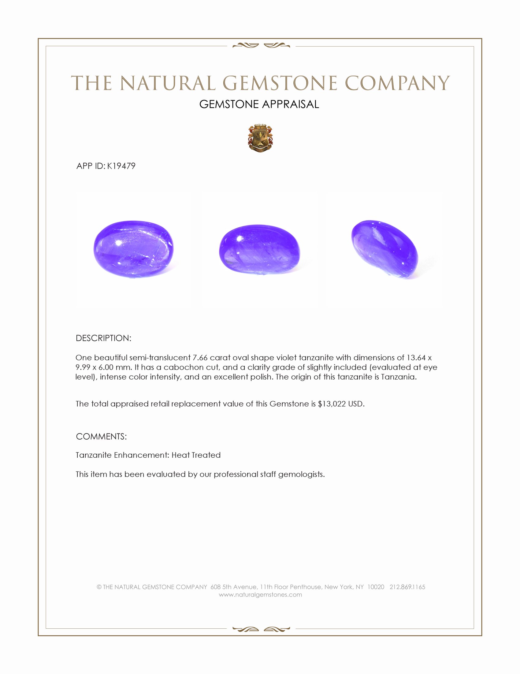 7.66 Ct. Cabochon Tanzanite from Tanzania