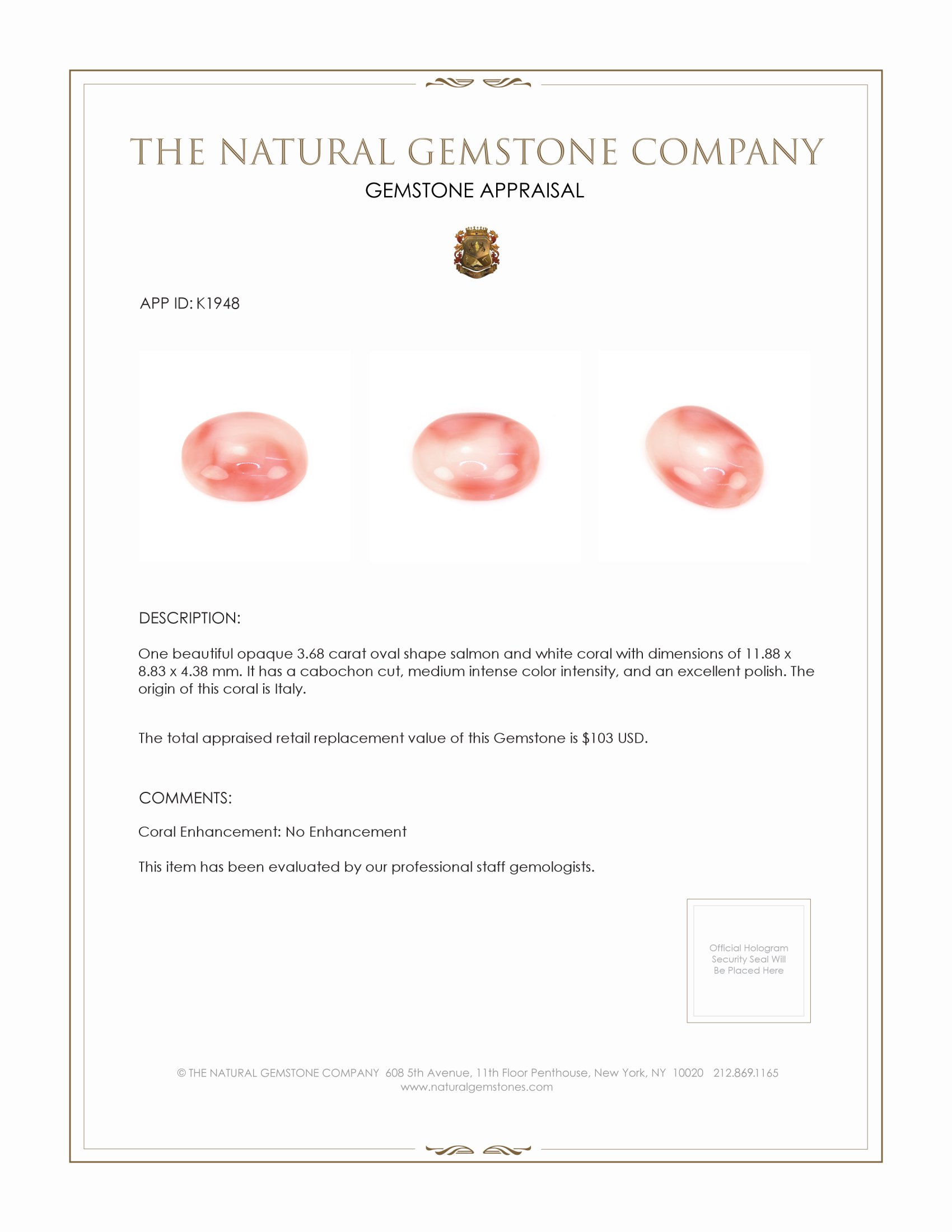 3.68 Ct. Cabochon Coral from Italy