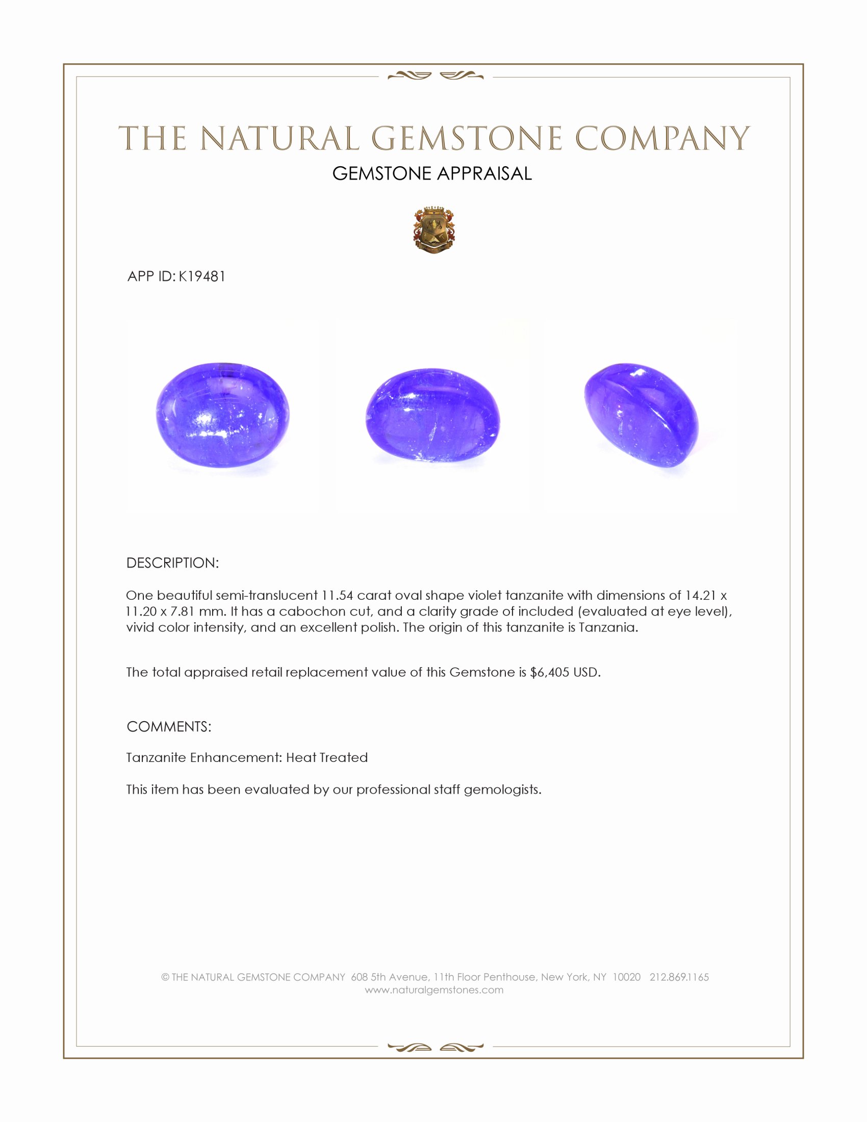 11.54 Ct. Cabochon Tanzanite from Tanzania