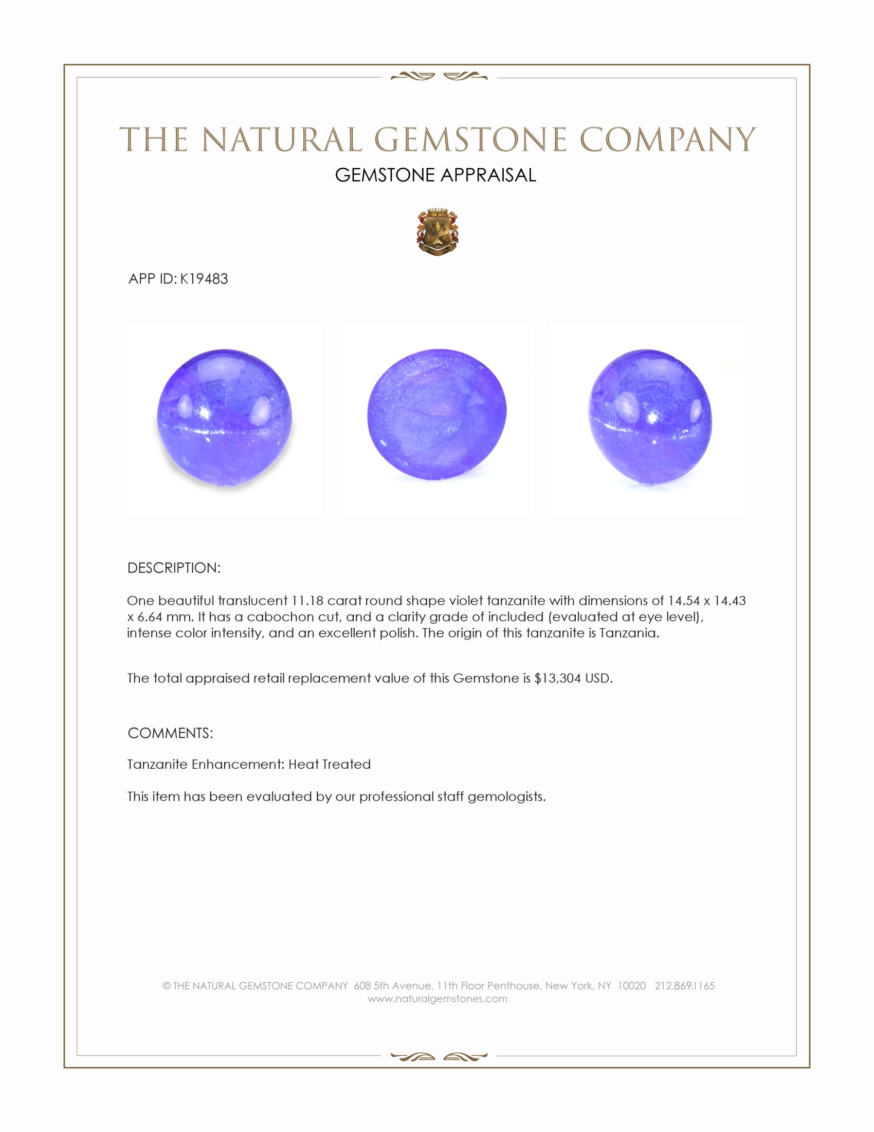 11.18 Ct. Cabochon Tanzanite from Tanzania