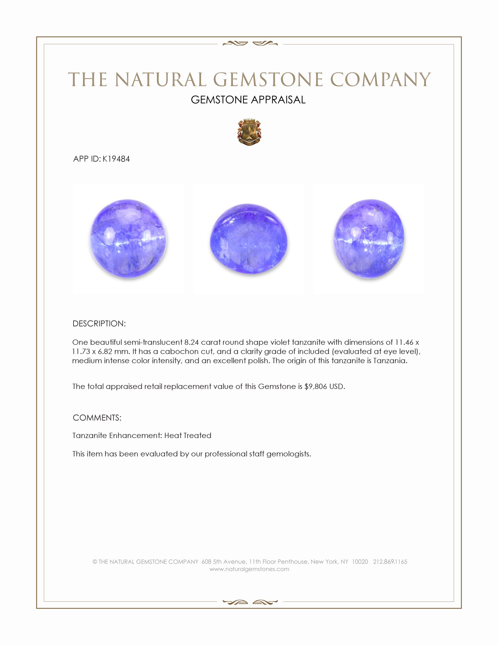 8.24 Ct. Cabochon Tanzanite from Tanzania