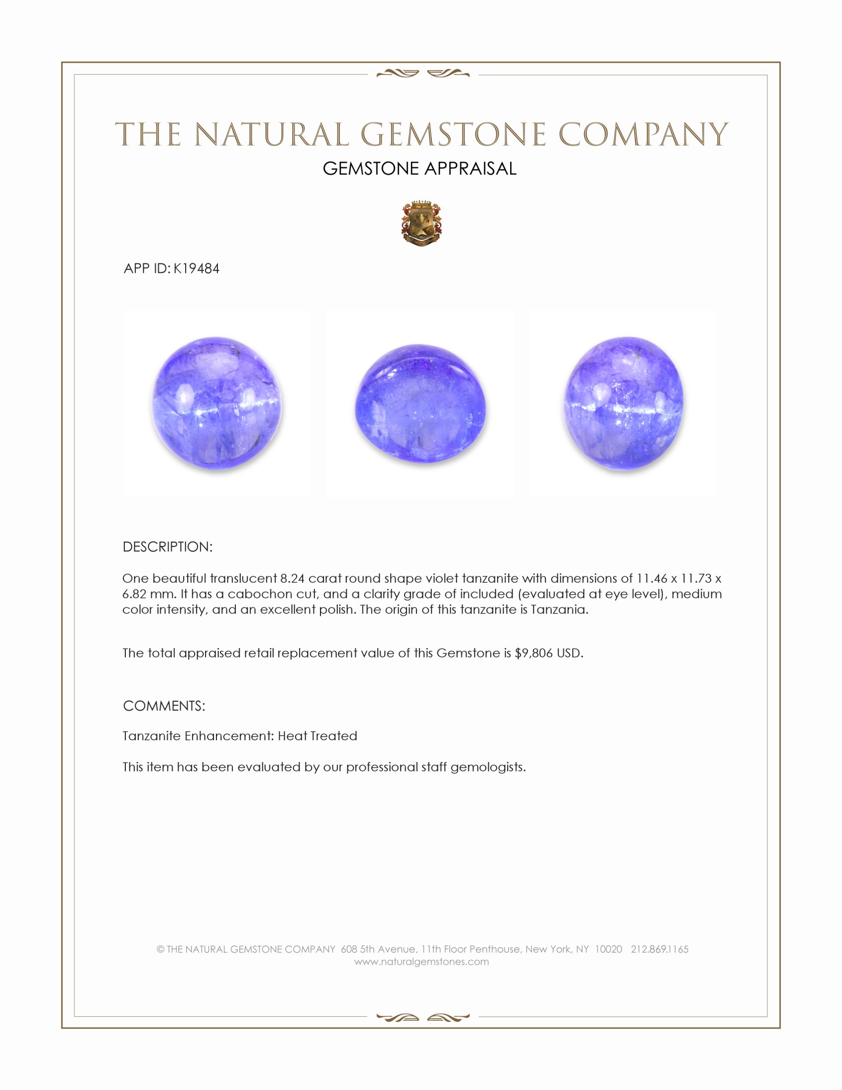 8.24 Ct. Cabochon Tanzanite from Tanzania