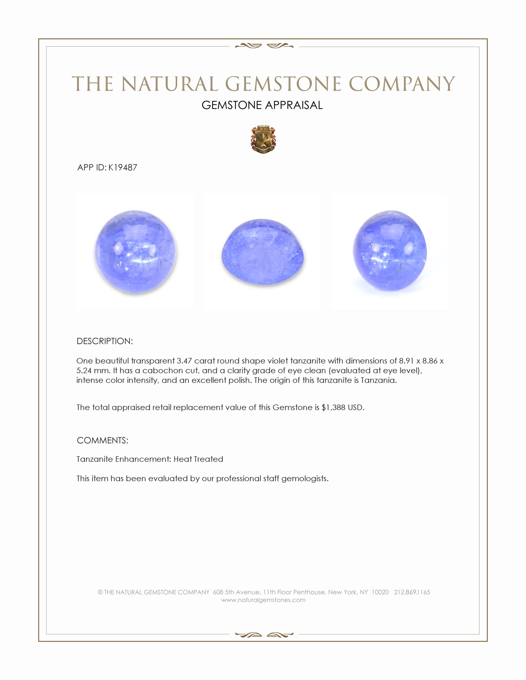 3.47 Ct. Cabochon Tanzanite from Tanzania