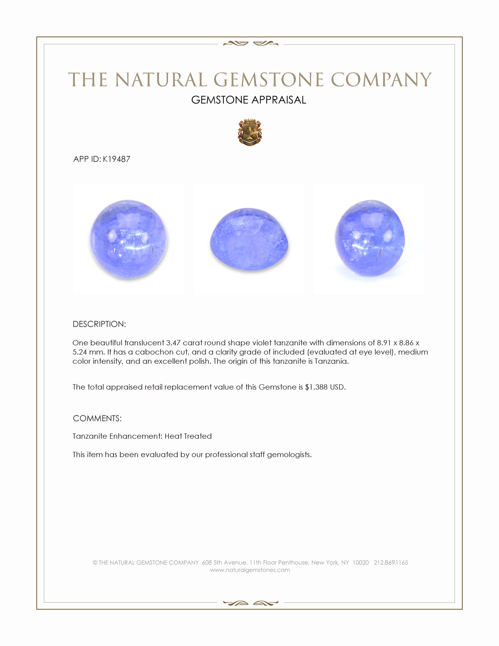 3.47 Ct. Cabochon Tanzanite from Tanzania