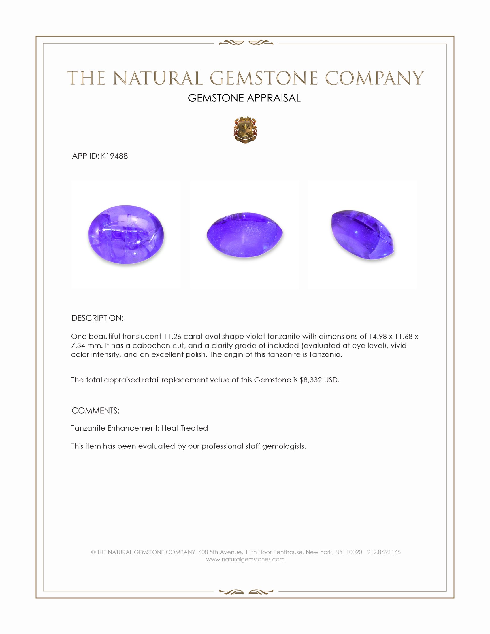 11.26 Ct. Violet Cabochon Tanzanite from Tanzania