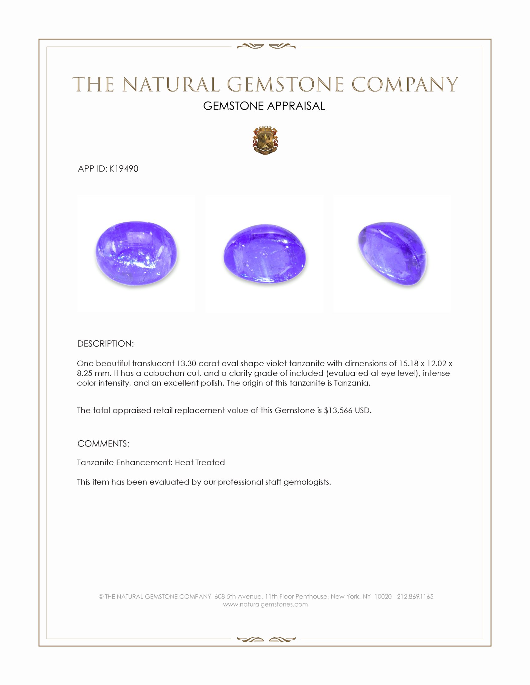 13.30 Ct. Cabochon Tanzanite from Tanzania