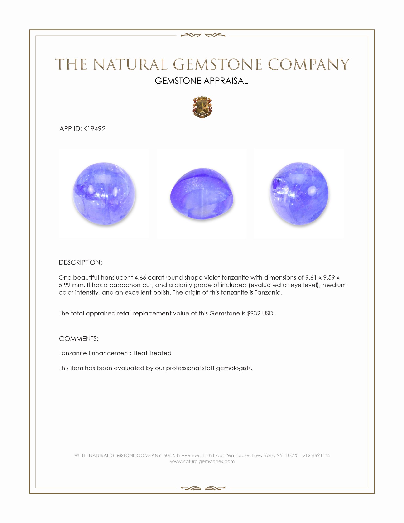 4.66 Ct. Cabochon Tanzanite from Tanzania