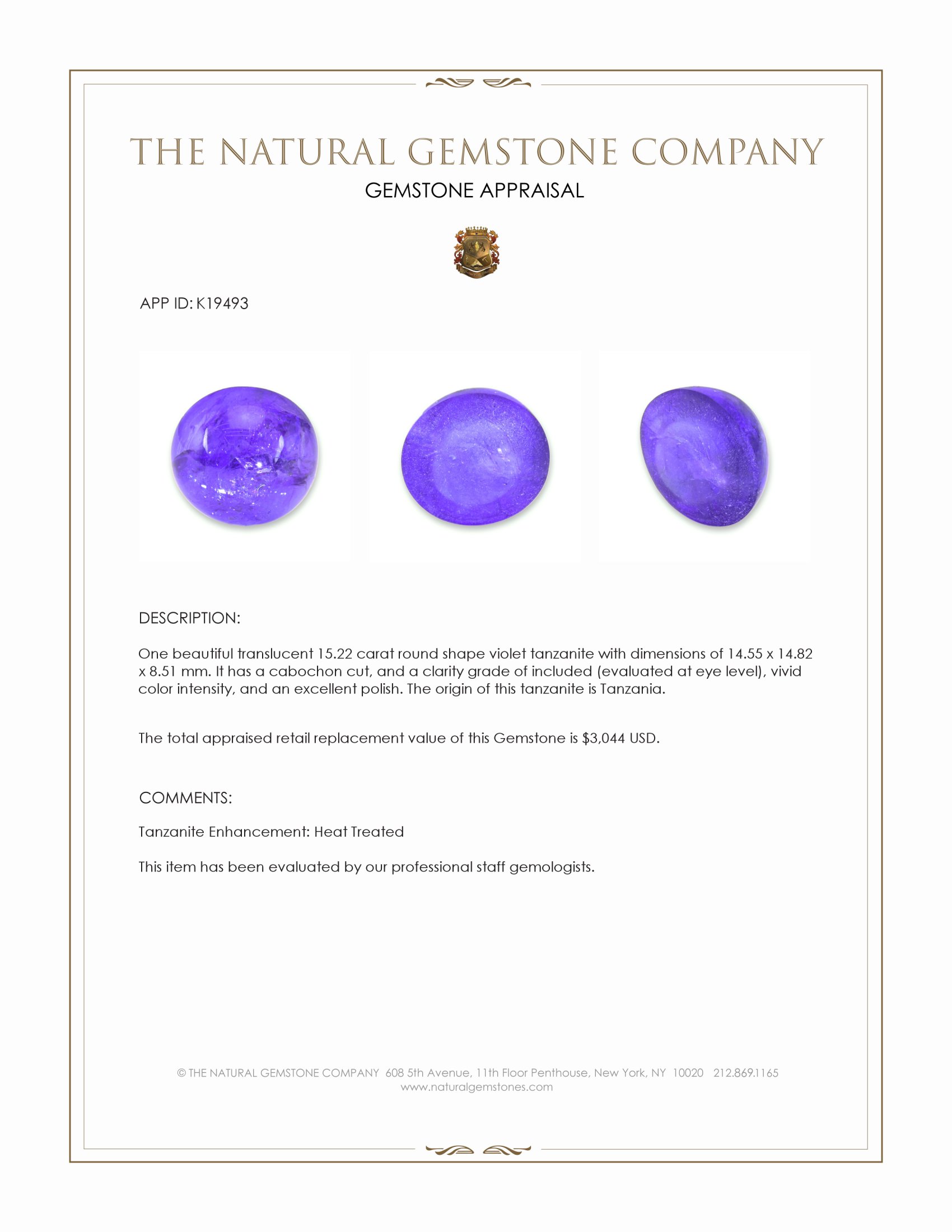 15.22 Ct. Cabochon Tanzanite from Tanzania