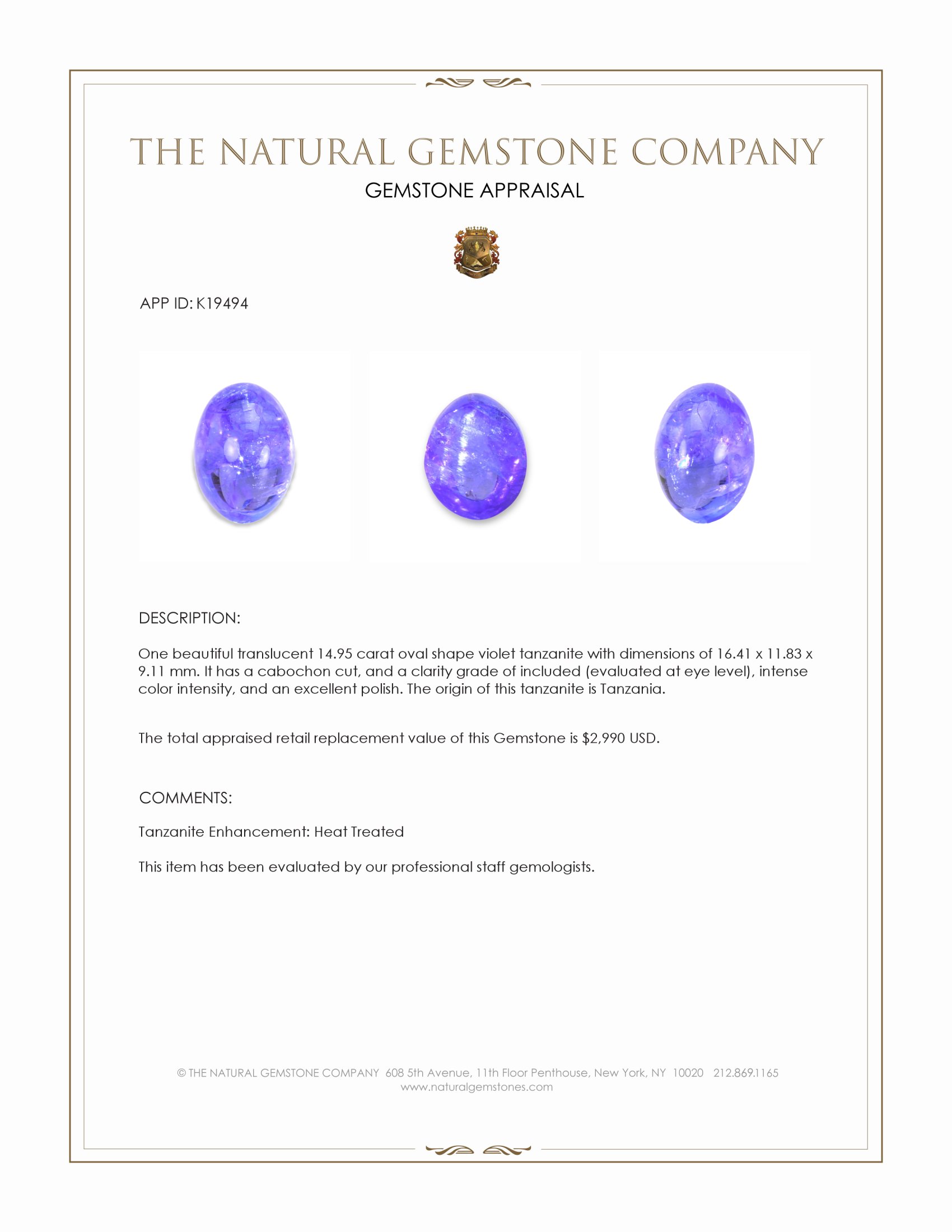 14.95 Ct. Cabochon Tanzanite from Tanzania