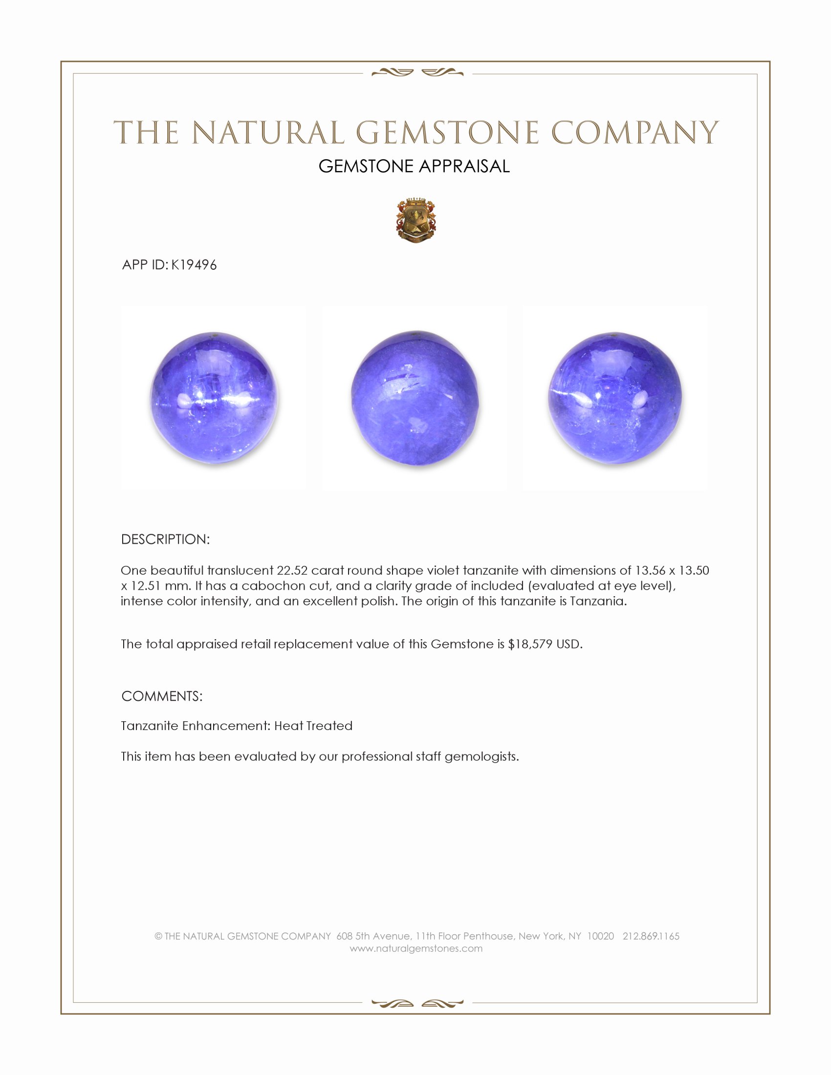 22.52 Ct. Cabochon Tanzanite from Tanzania