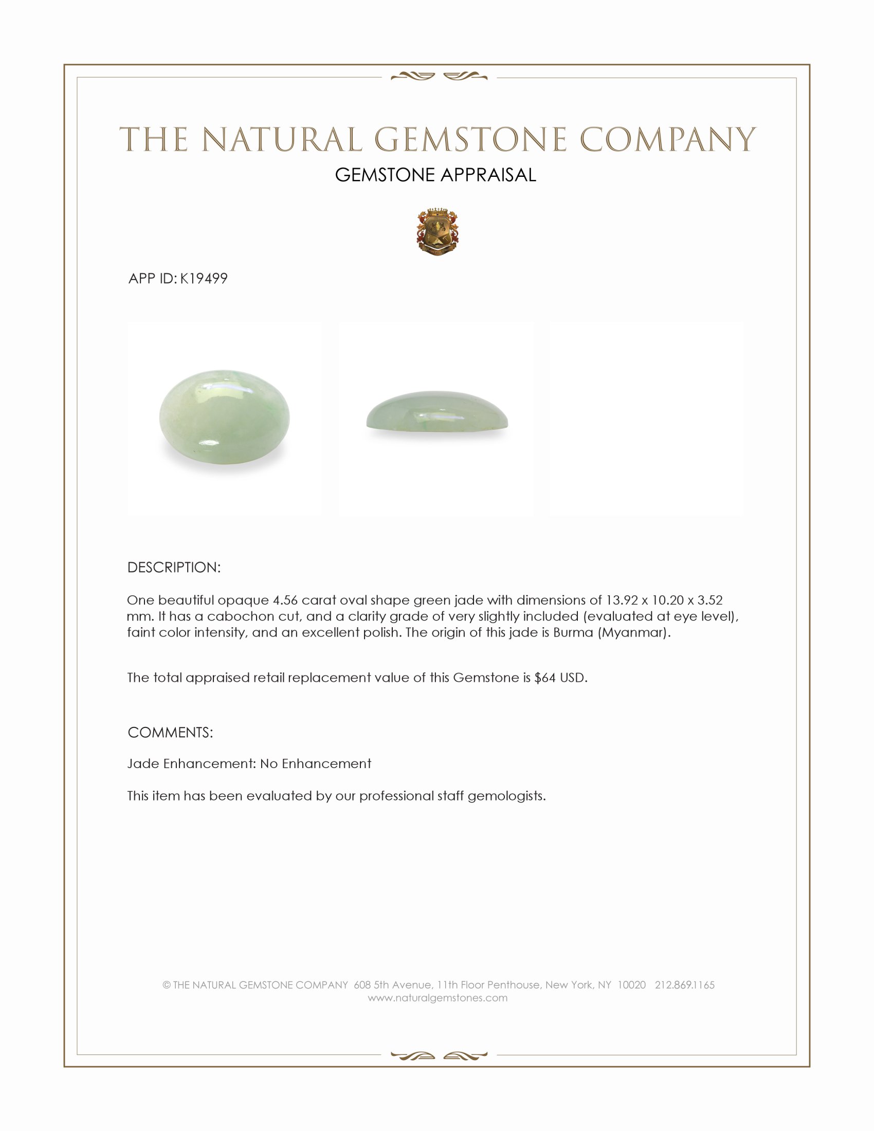 4.56 Ct. Cabochon Jade from Burma (Myanmar)