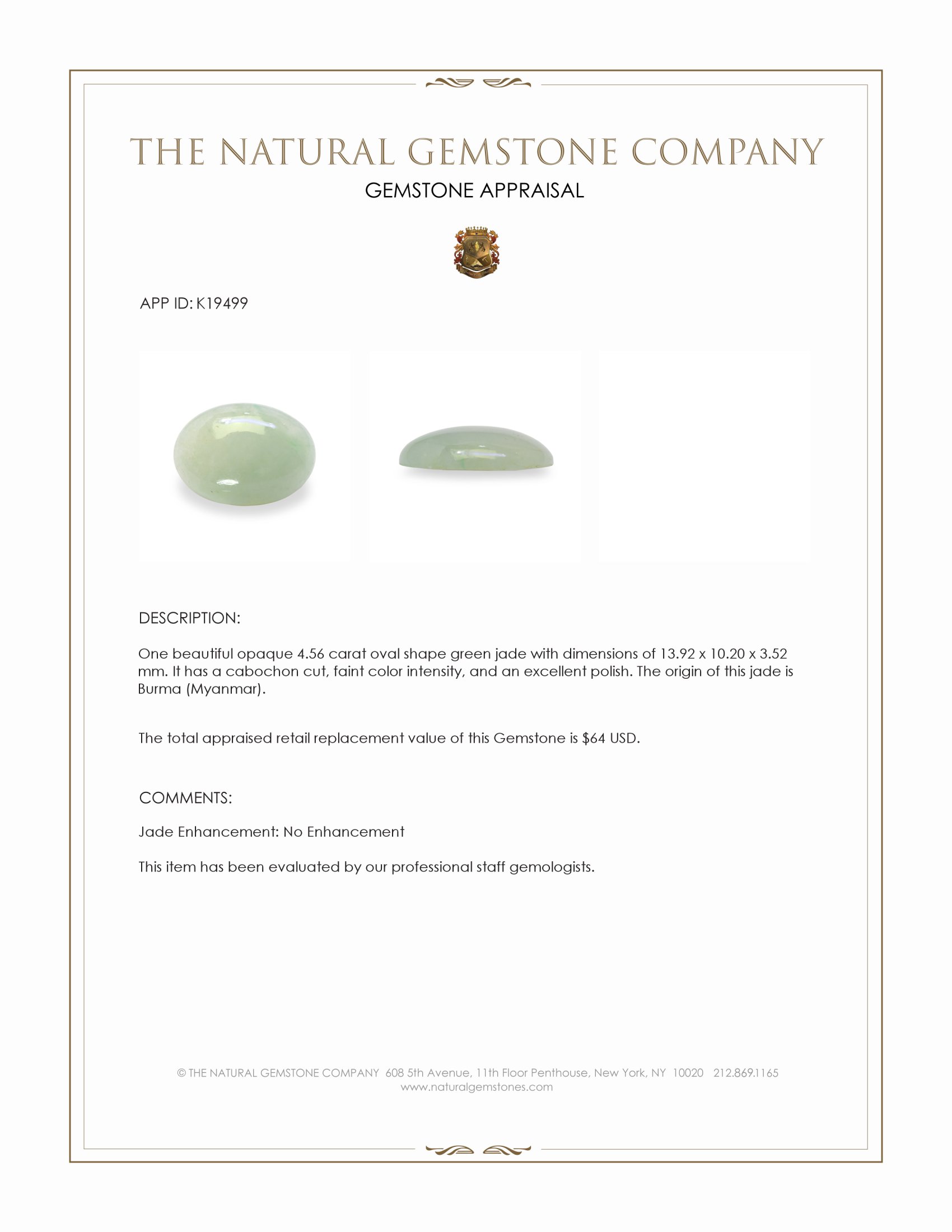 4.56 Ct. Green Cabochon Jade from Burma (Myanmar)
