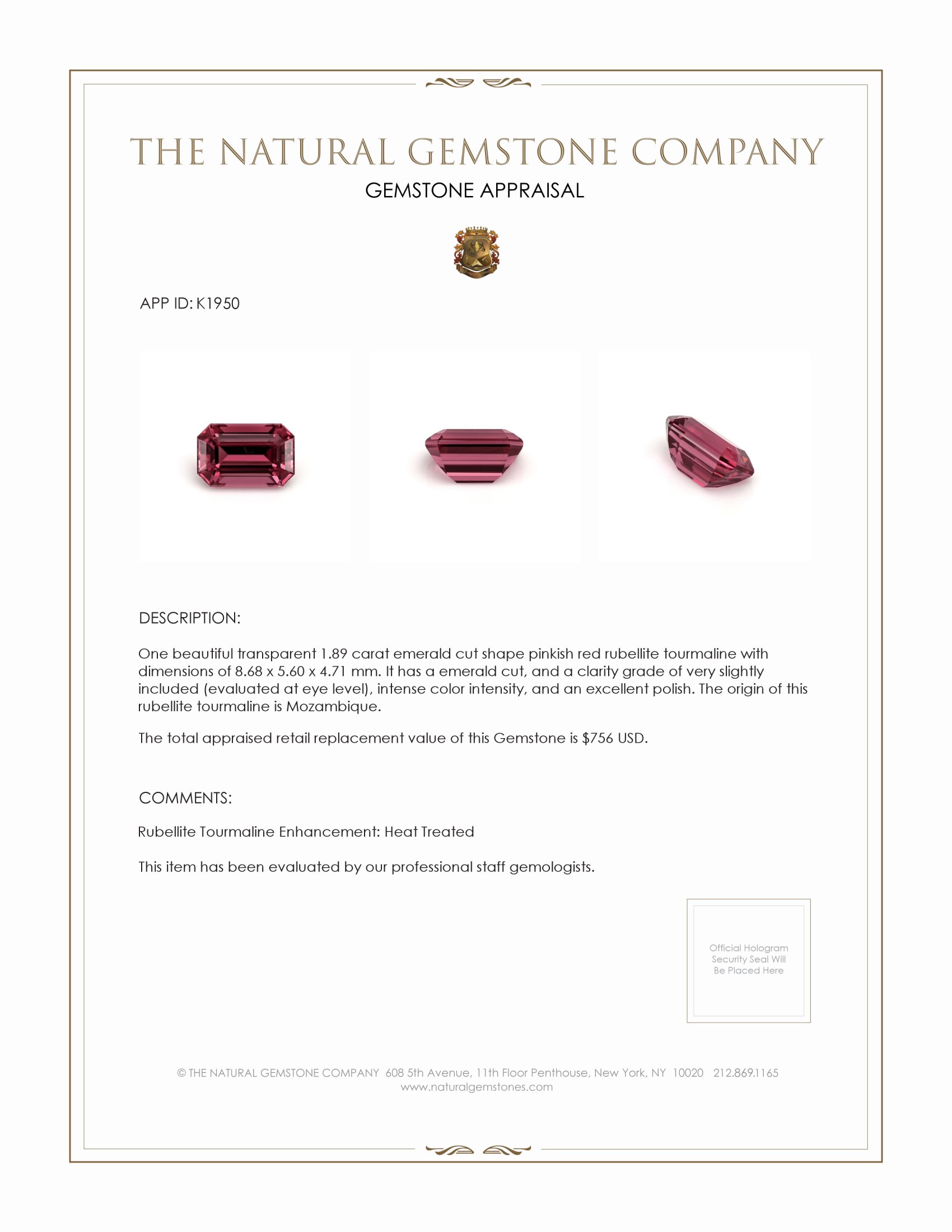 1.89 Ct. Rubellite Tourmaline from Mozambique