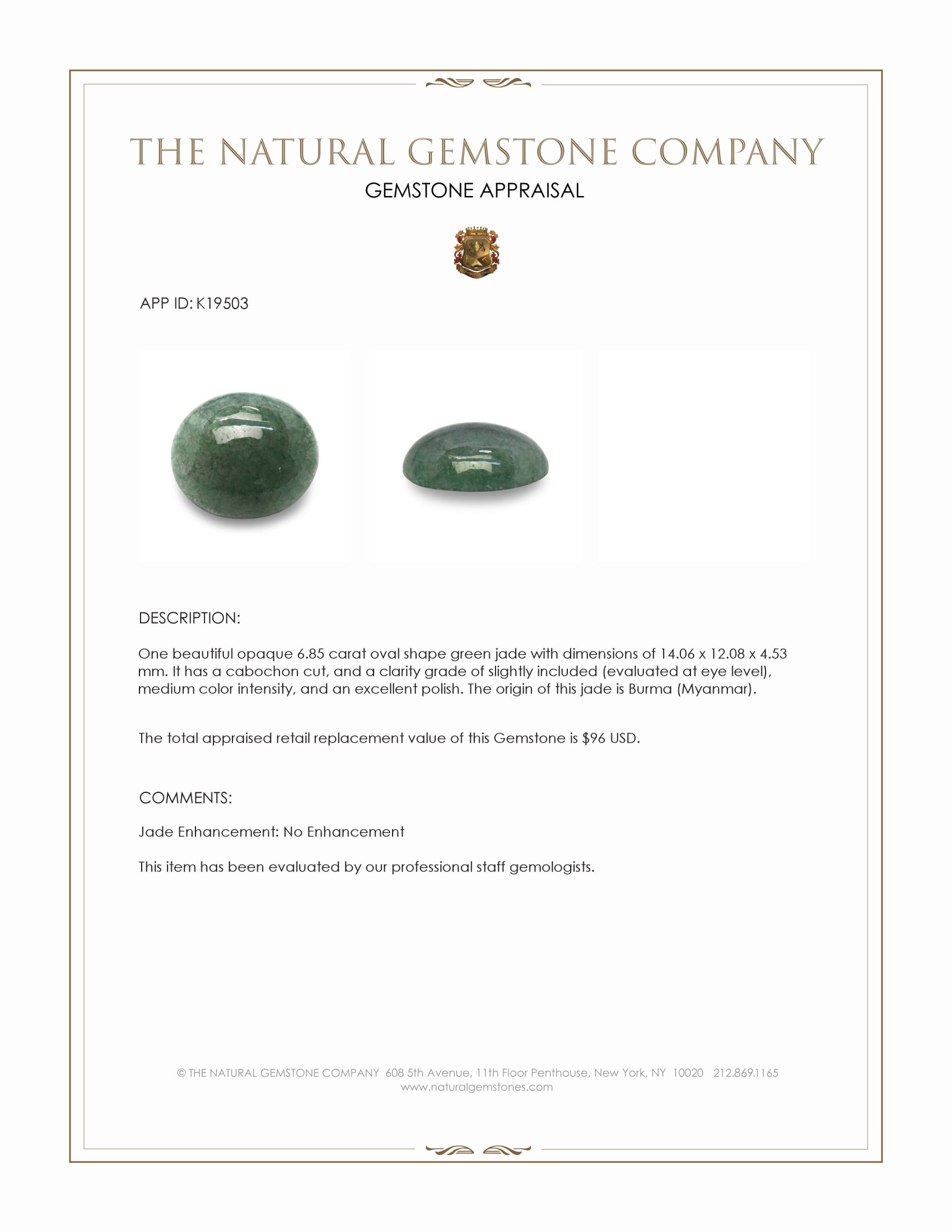 6.85 Ct. Green Cabochon Jade from Burma (Myanmar)