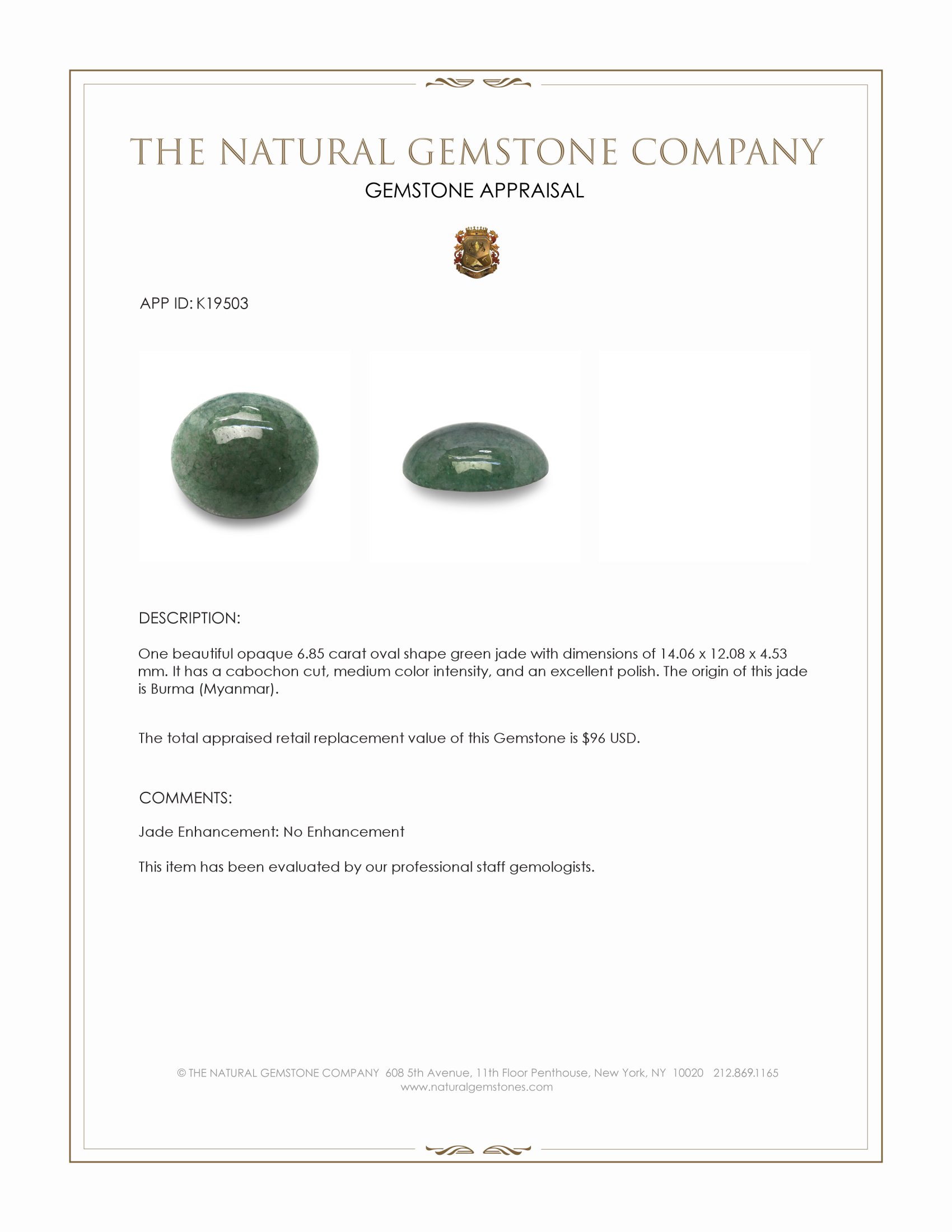 6.85 Ct. Green Cabochon Jade from Burma (Myanmar)