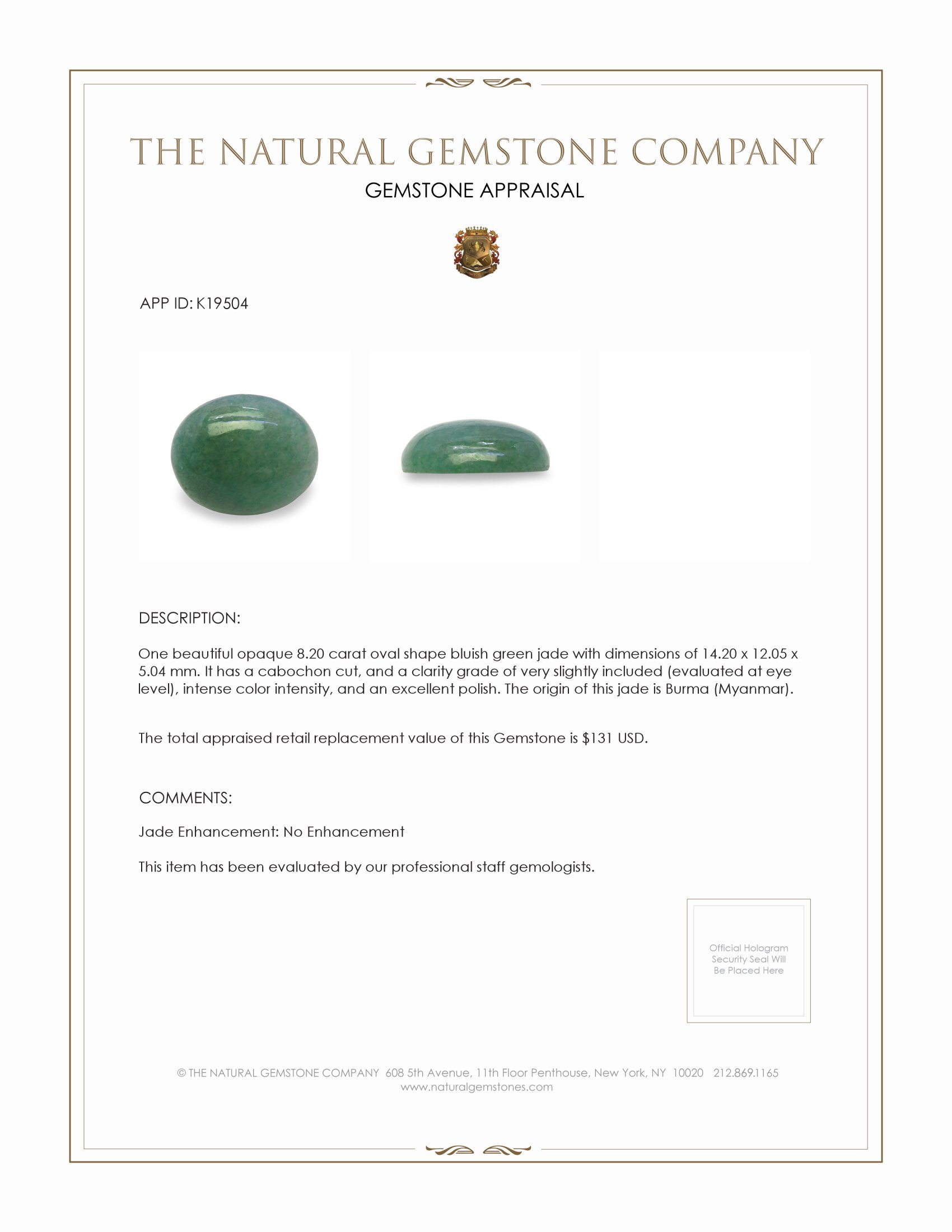 8.20 Ct. Bluish Green Cabochon Jade from Burma (Myanmar)