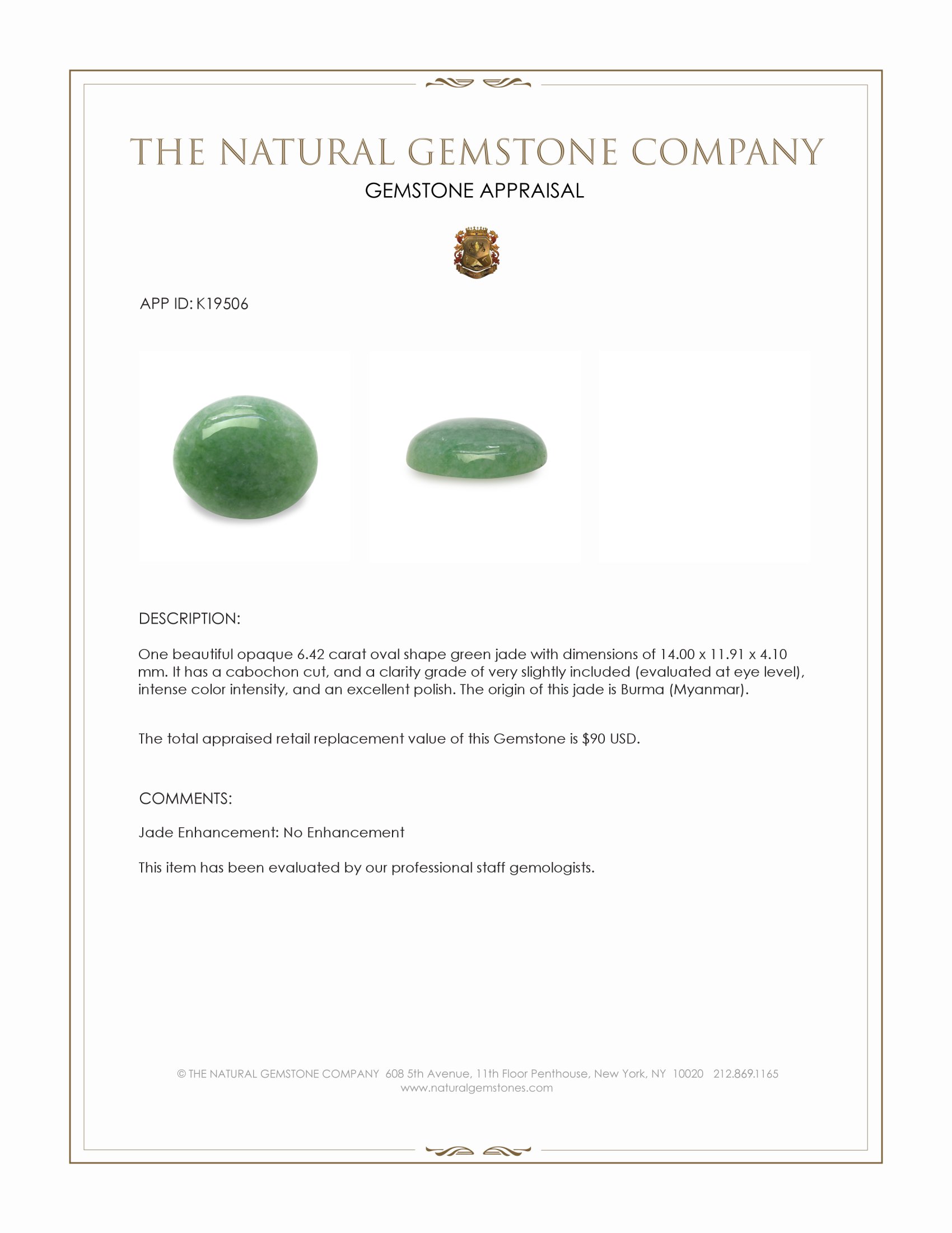 6.42 Ct. Green Cabochon Jade from Burma (Myanmar)